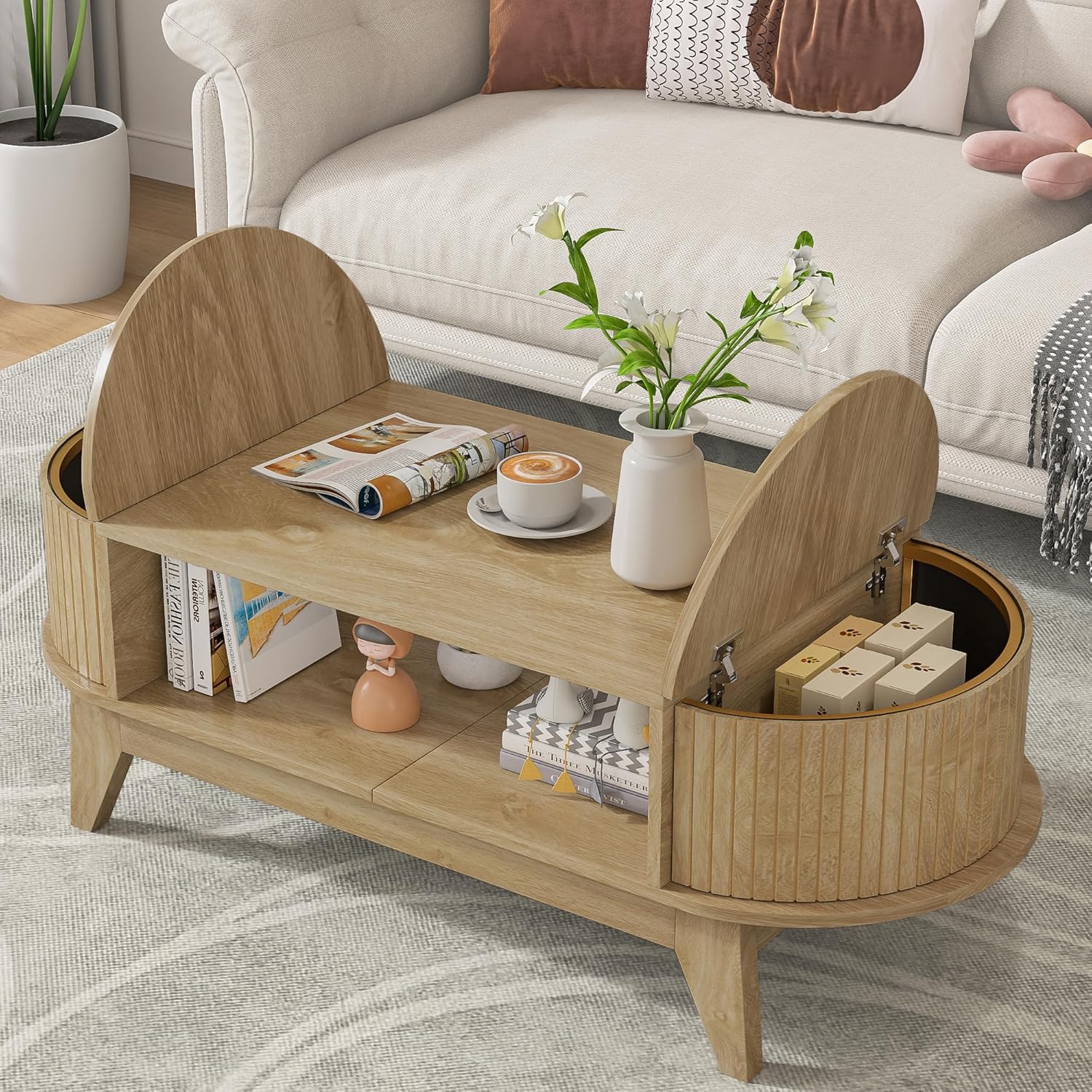 Coffee Table with 2 Hidden Storage, Mid Century Modern Coffee Table with Fluted Finish