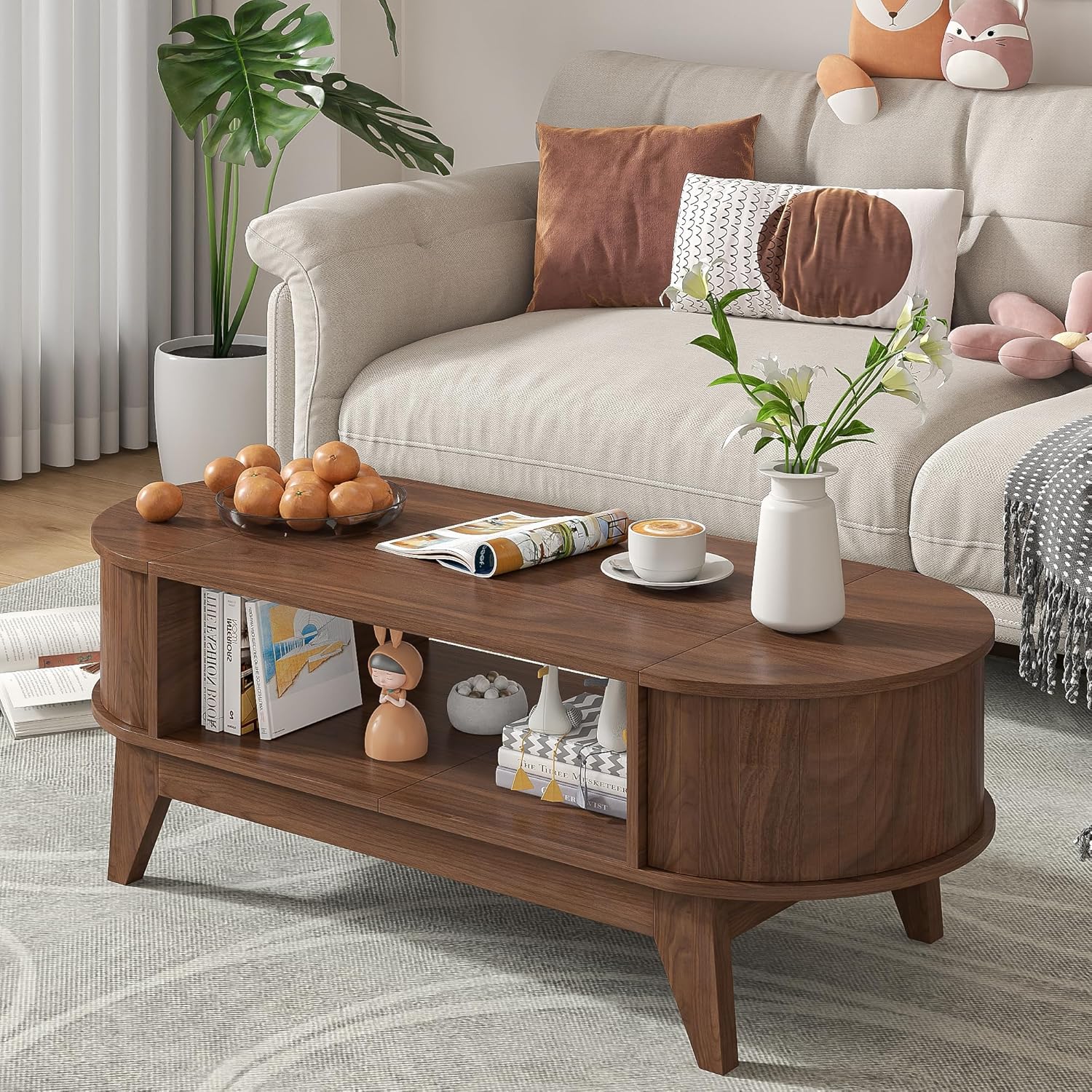 Coffee Table with 2 Hidden Storage, Mid Century Modern Coffee Table with Fluted Finish