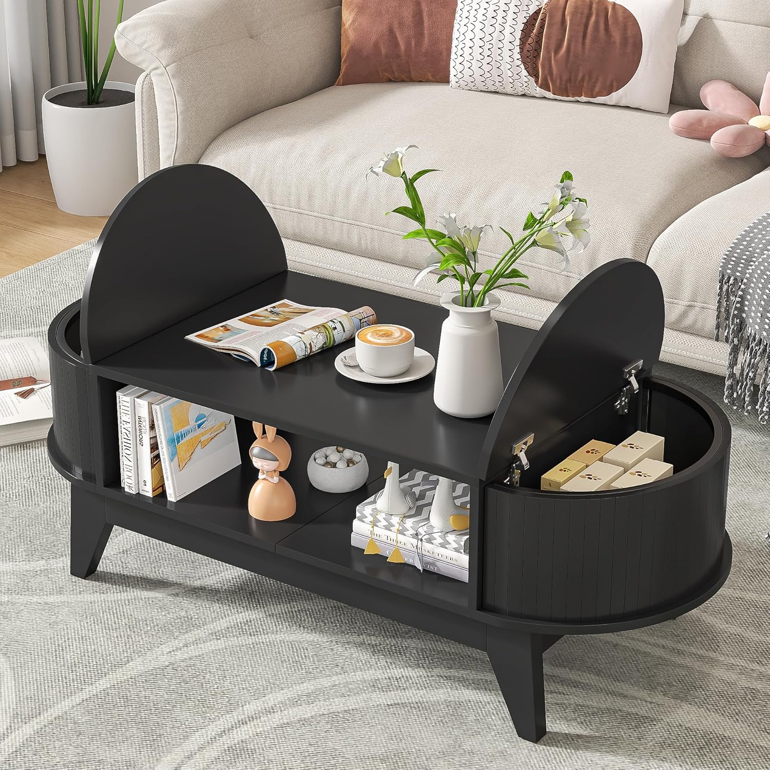 Coffee Table with 2 Hidden Storage, Mid Century Modern Coffee Table with Fluted Finish