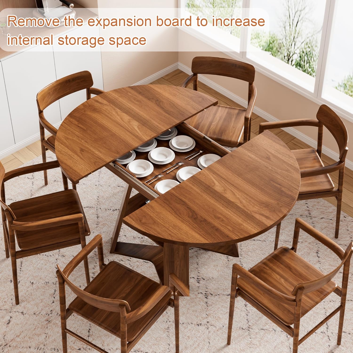 43.3in-59in Extendable Round Dining Table for 4-6,Modern Kitchen Oval Dining Table