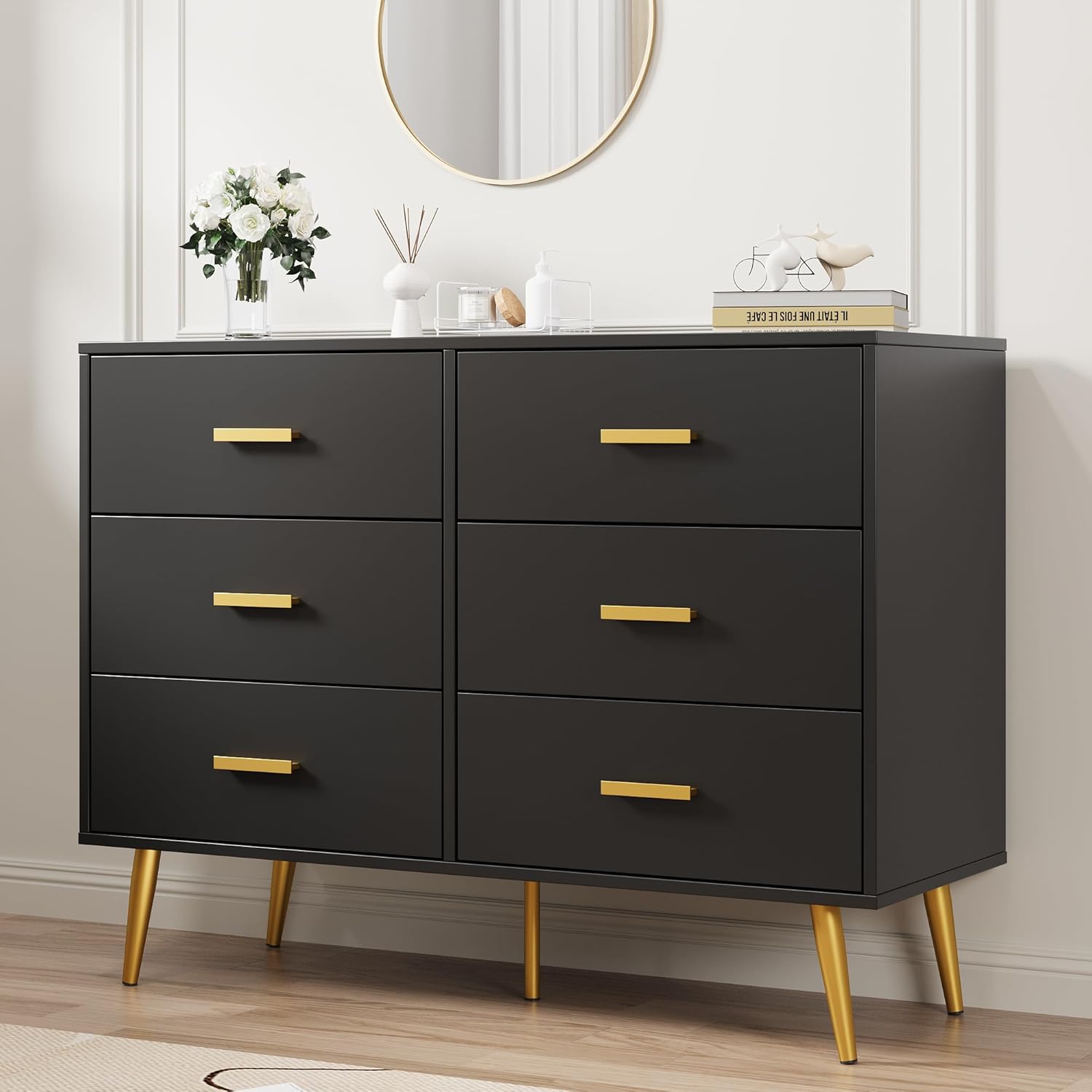 6 Drawer Dresser, Chest of Drawers with Gold Handles, White | Wooden Modern Deep Drawers for Bedroom, Living Room and Entryway 