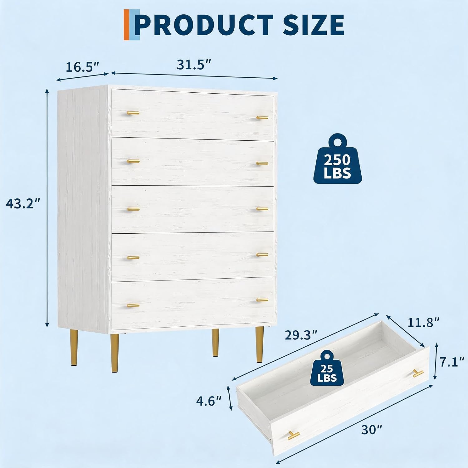 5 Drawer Dresser for Bedroom, 43"Tall Wood Chest of Large Drawers | Drawer Organizer Chest with Metal Handles, Smooth Silent-glide, Versatile for Bedroom, Living room, Entryway