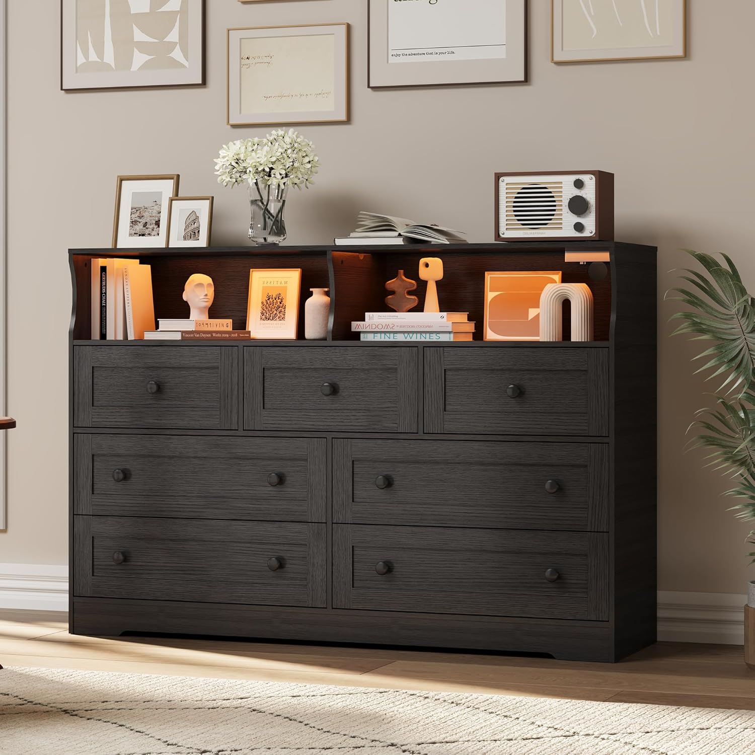 Dresser for Bedroom with 7 Drawers, LED Lights & Charging Station, Wooden Chest with 2 Open Compartments, Freestanding Storage Organizer for Closet, Nursery, Entryway, Black 