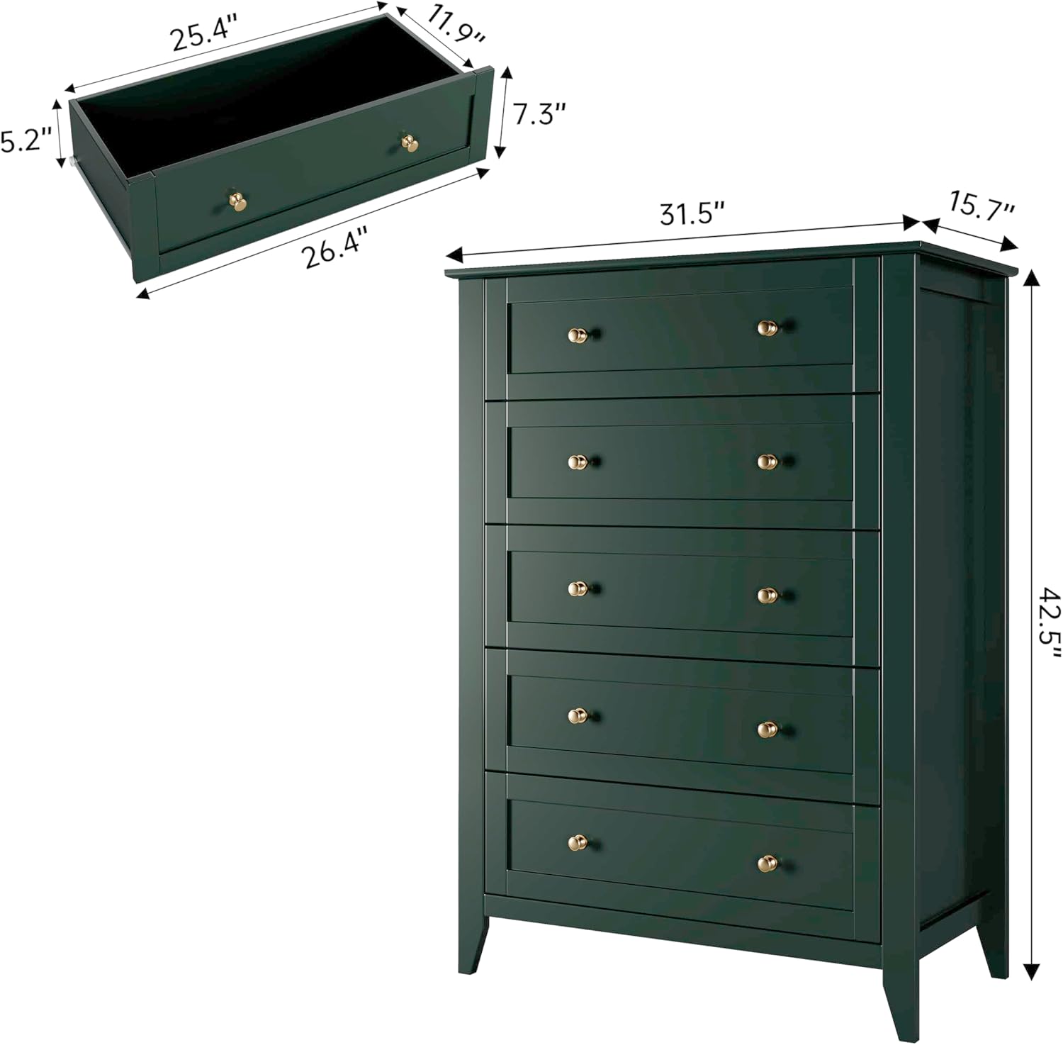 5 Drawer Dresser for Bedroom, Tall Dresser with Deep Drawers & Metal Knobs, Modern Wooden Chests of Drawers for Entryway, Hallway 
