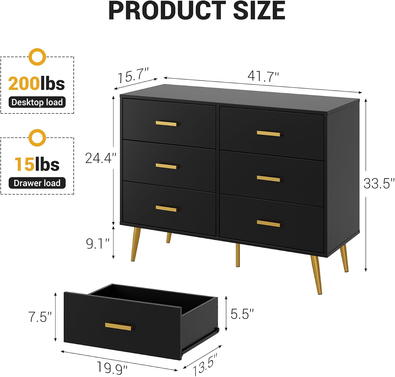 6 Drawer Dresser, Chest of Drawers with Gold Handles, White | Wooden Modern Deep Drawers for Bedroom, Living Room and Entryway 
