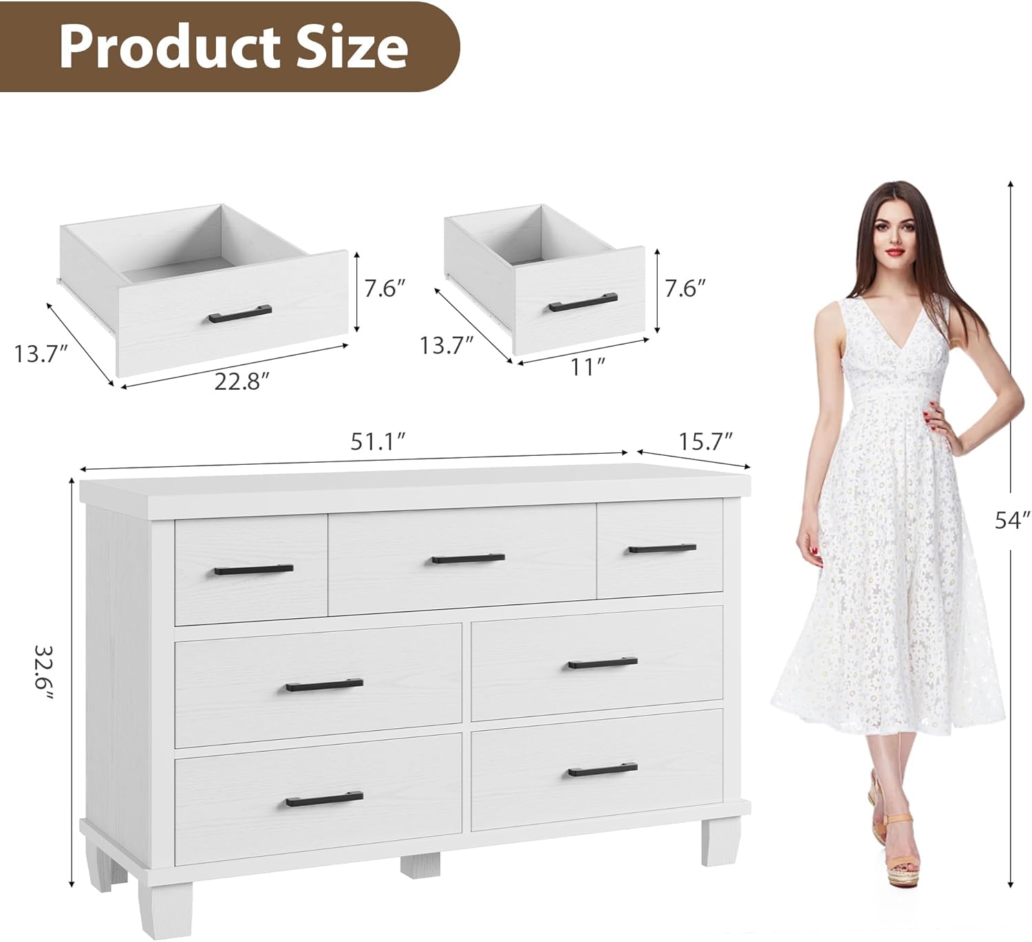 Dresser for Bedroom with 7 Drawers, Storage Chest of Drawers | Metal Handle, Wooden Dresser Organizer for Living Room,Closet,Entryway,Nursery 