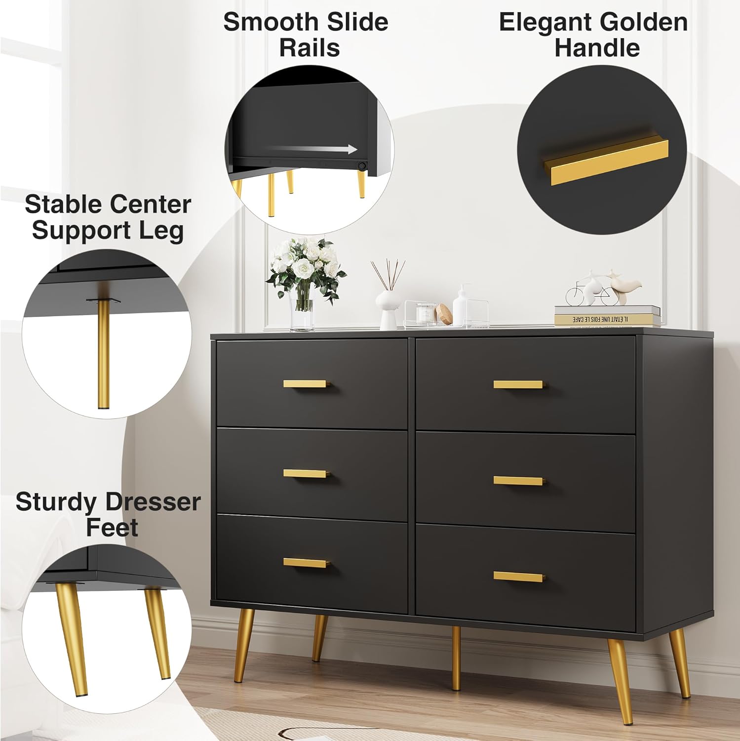 6 Drawer Dresser, Chest of Drawers with Gold Handles, White | Wooden Modern Deep Drawers for Bedroom, Living Room and Entryway 