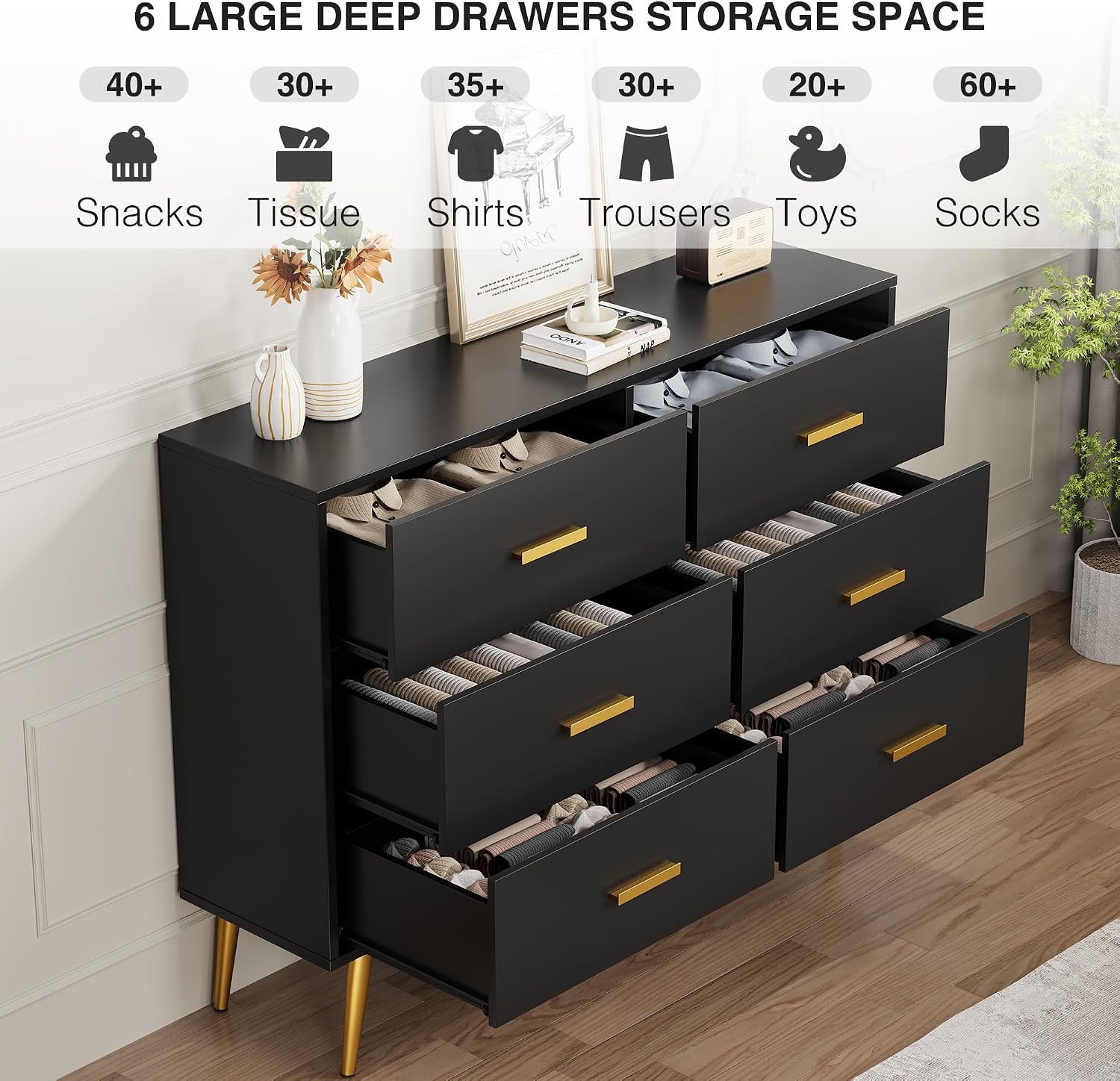 6 Drawer Dresser, Chest of Drawers with Gold Handles, White | Wooden Modern Deep Drawers for Bedroom, Living Room and Entryway 