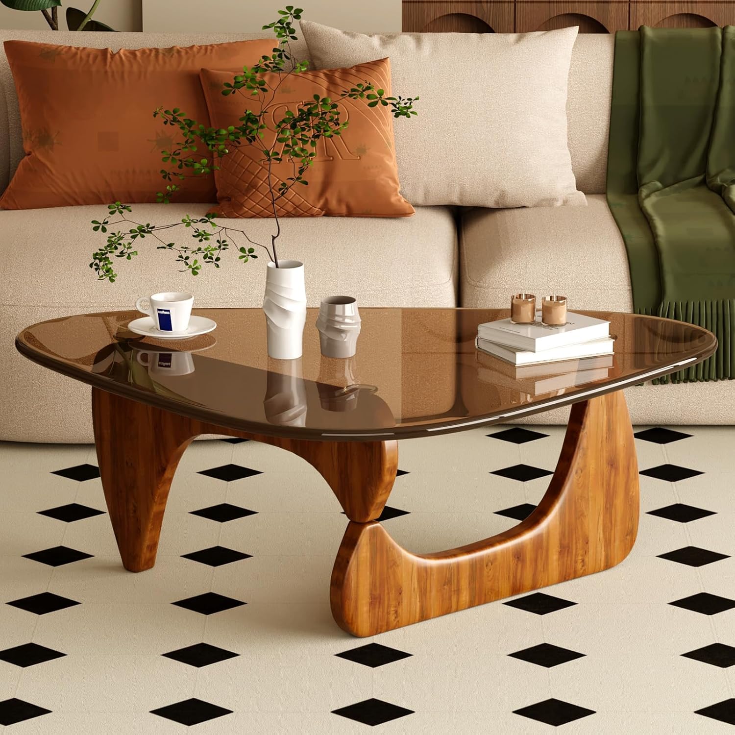 Coffee Table for Living Room Mid Century Modern Center Table with Glass Top and Wood