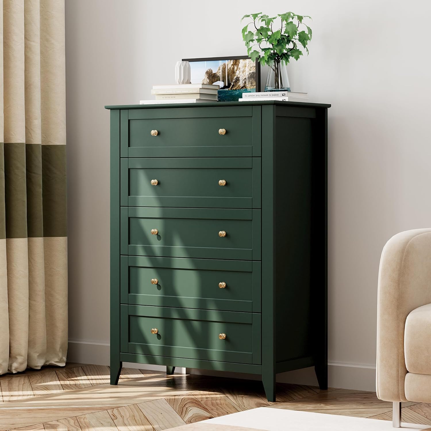 5 Drawer Dresser for Bedroom, Tall Dresser with Deep Drawers & Metal Knobs, Modern Wooden Chests of Drawers for Entryway, Hallway 