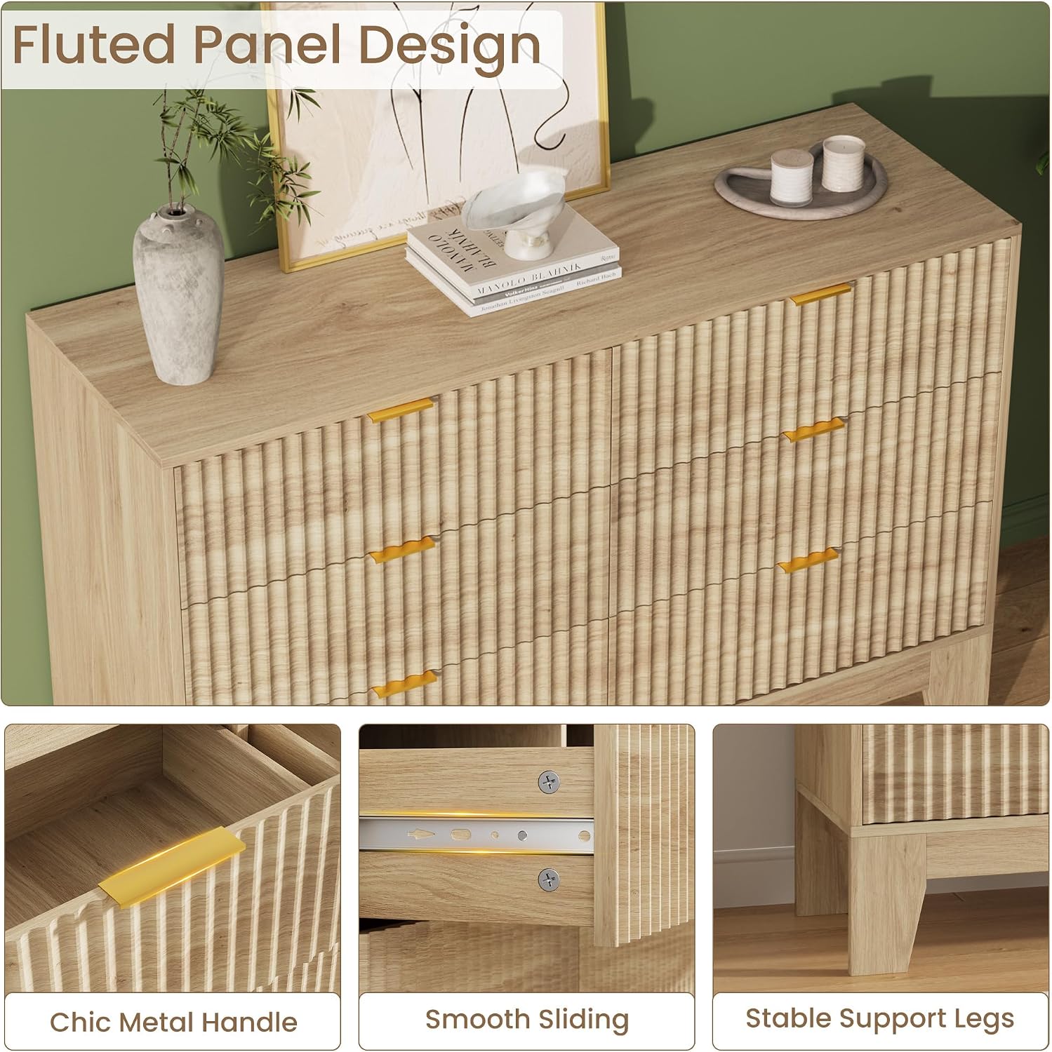 6 Drawer Dresser for Bedroom, Fluted Dresser for Bedroom | Fluted Door, Sturdy Structure, Easy to Clean 