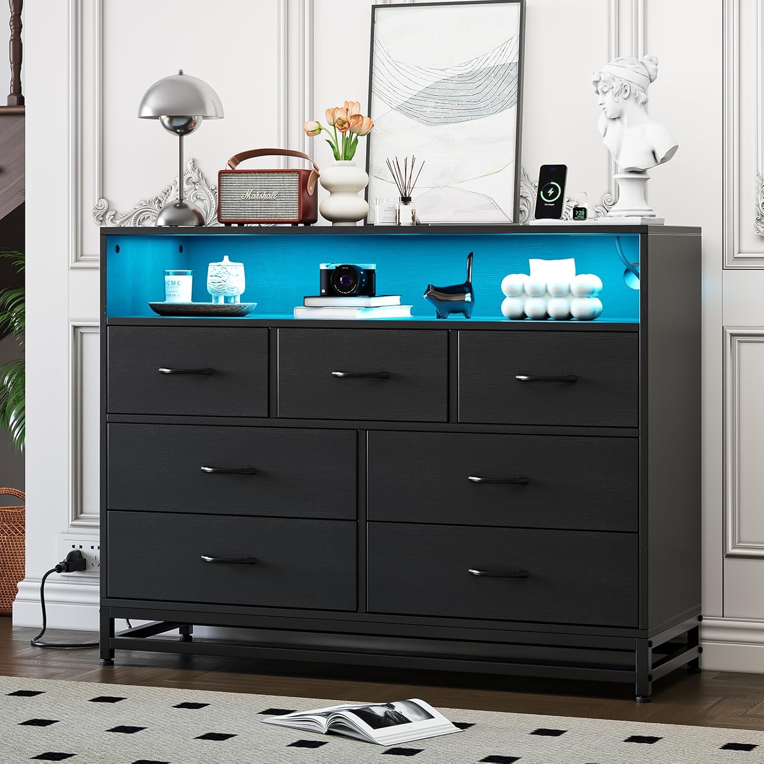 7-Drawer Dresser for Bedroom – Modern Long Dresser with Charging Station & LED Lights, Wooden Large Capacity Storage Chest, Wide Dresser for Living Room & Hallway 
