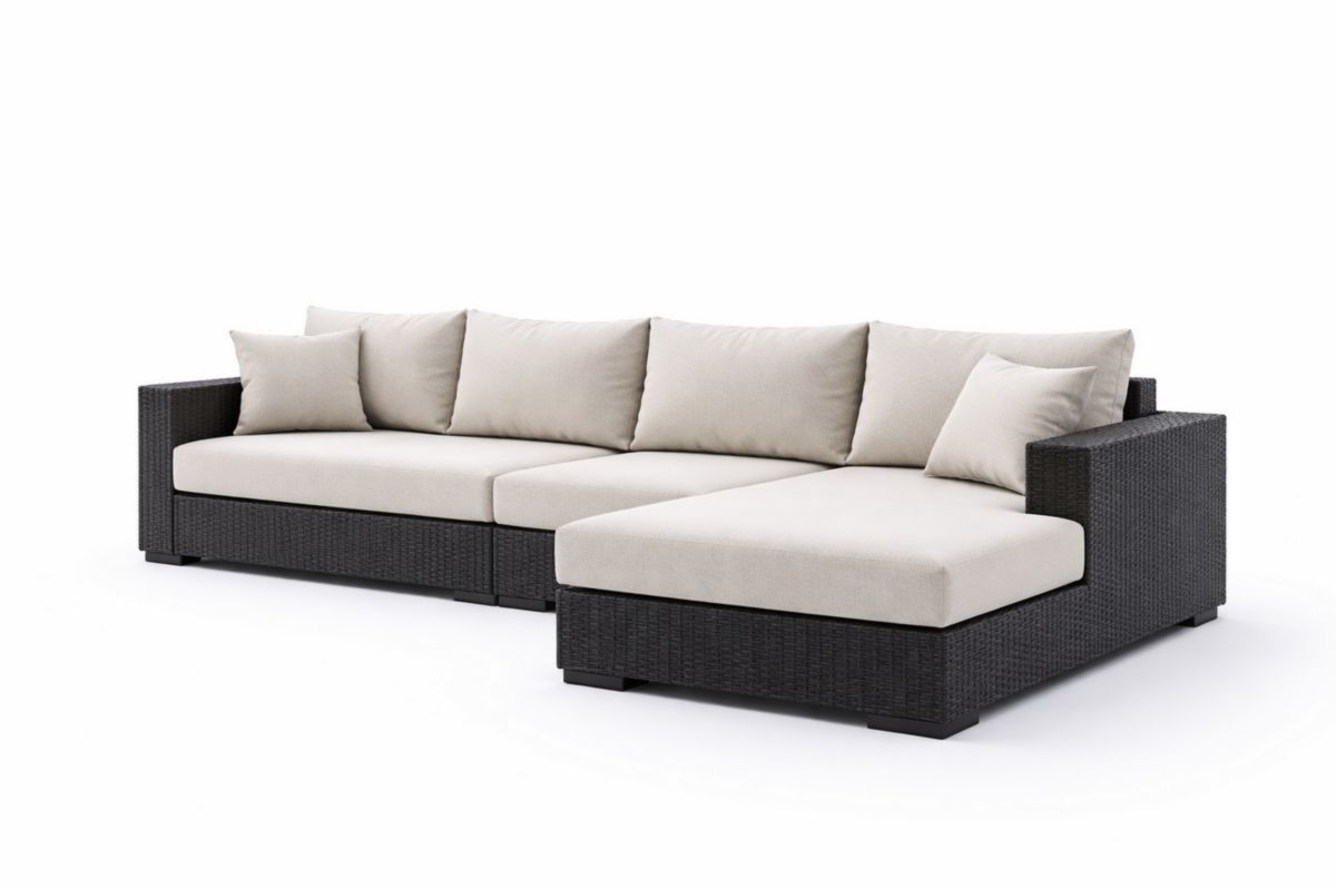 Außenbereich Ecksofa aus Rattan mit Polyesterkissen, Beige/Schwarz