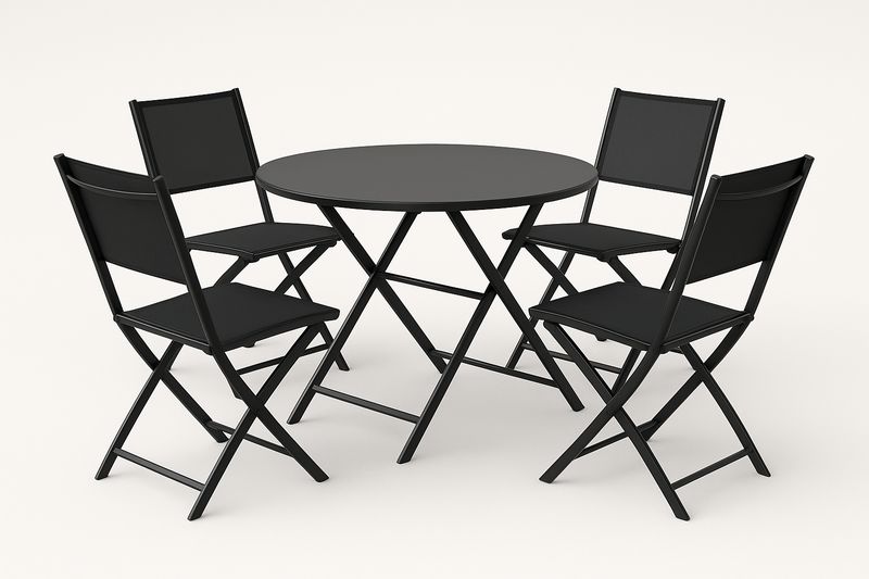 Rundes Gartenmöbelset mit Klapptisch und 4 Klappstühlen aus Metall und Polyestergewebe