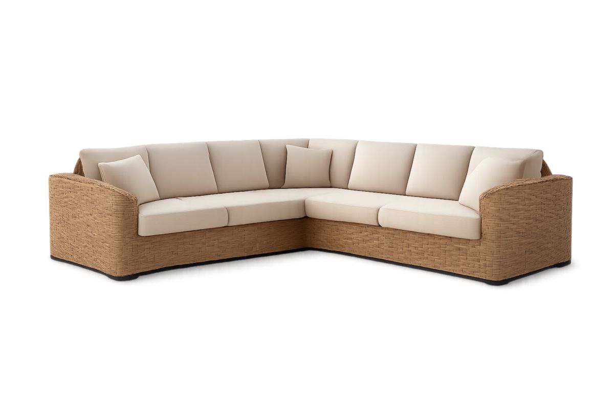 Außenbereich Ecksofa aus Rattan, Beige, L-förmig, mit Polyesterstoffkissen