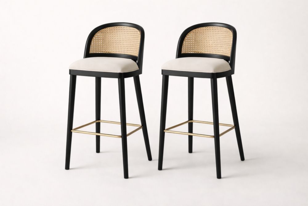 Barhocker Set Rattangeflecht Rückenlehne Eschenholz Stahl Fußstütze Beige/Schwarz