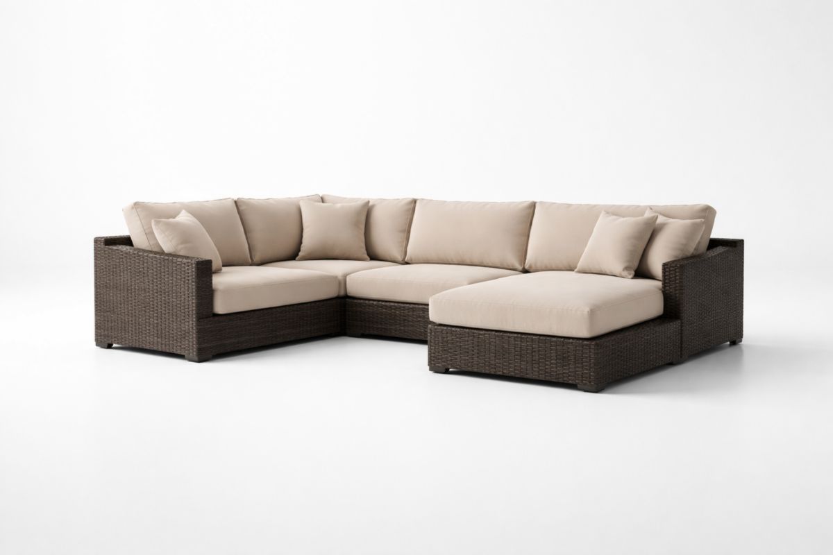 Außenbereich Ecksofa-Set aus Rattan, Beige, mit Polyester- und Schaumpolsterung