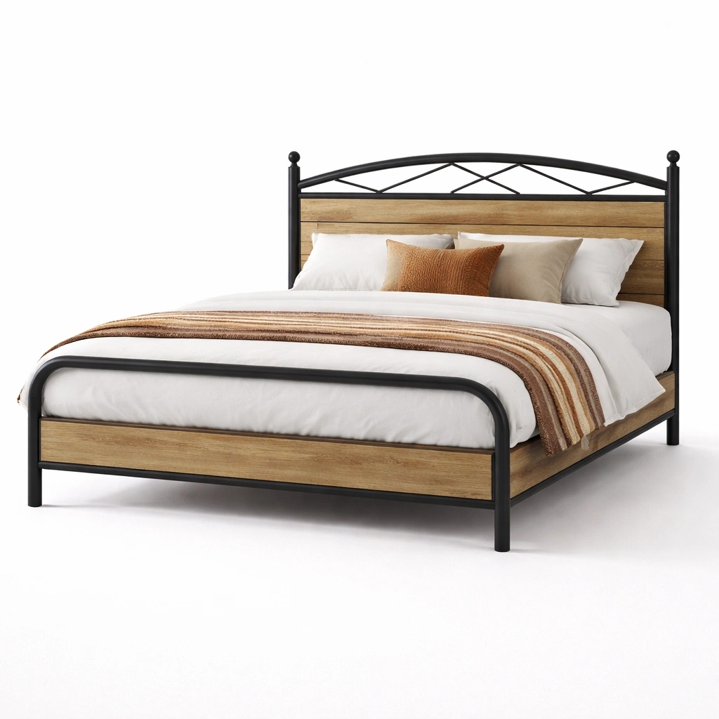 Cama estilo industrial madera y metal-Sovuno