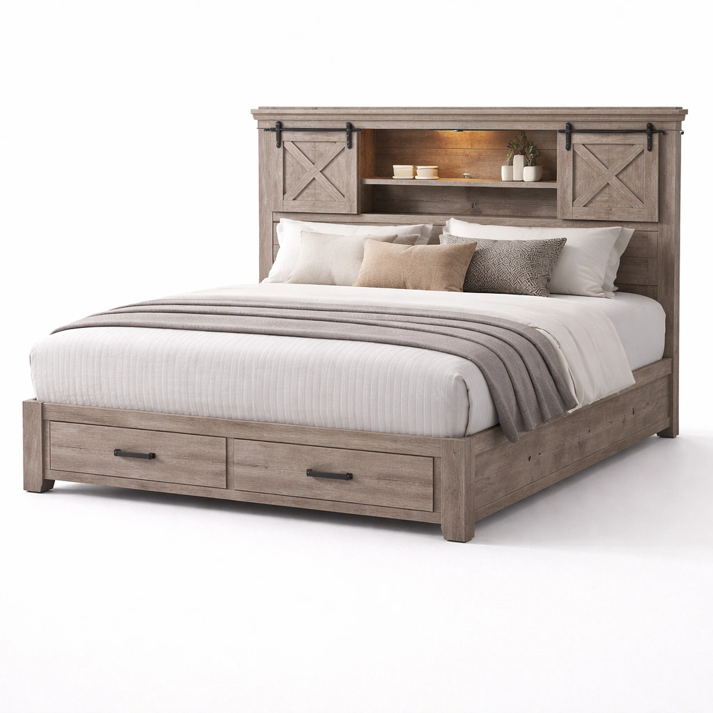 Cama con almacenamiento y cabecero funcional-Sovuno