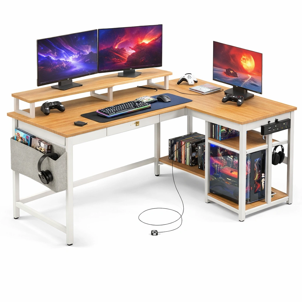Escritorio gaming en forma L con estantes-Sovuno