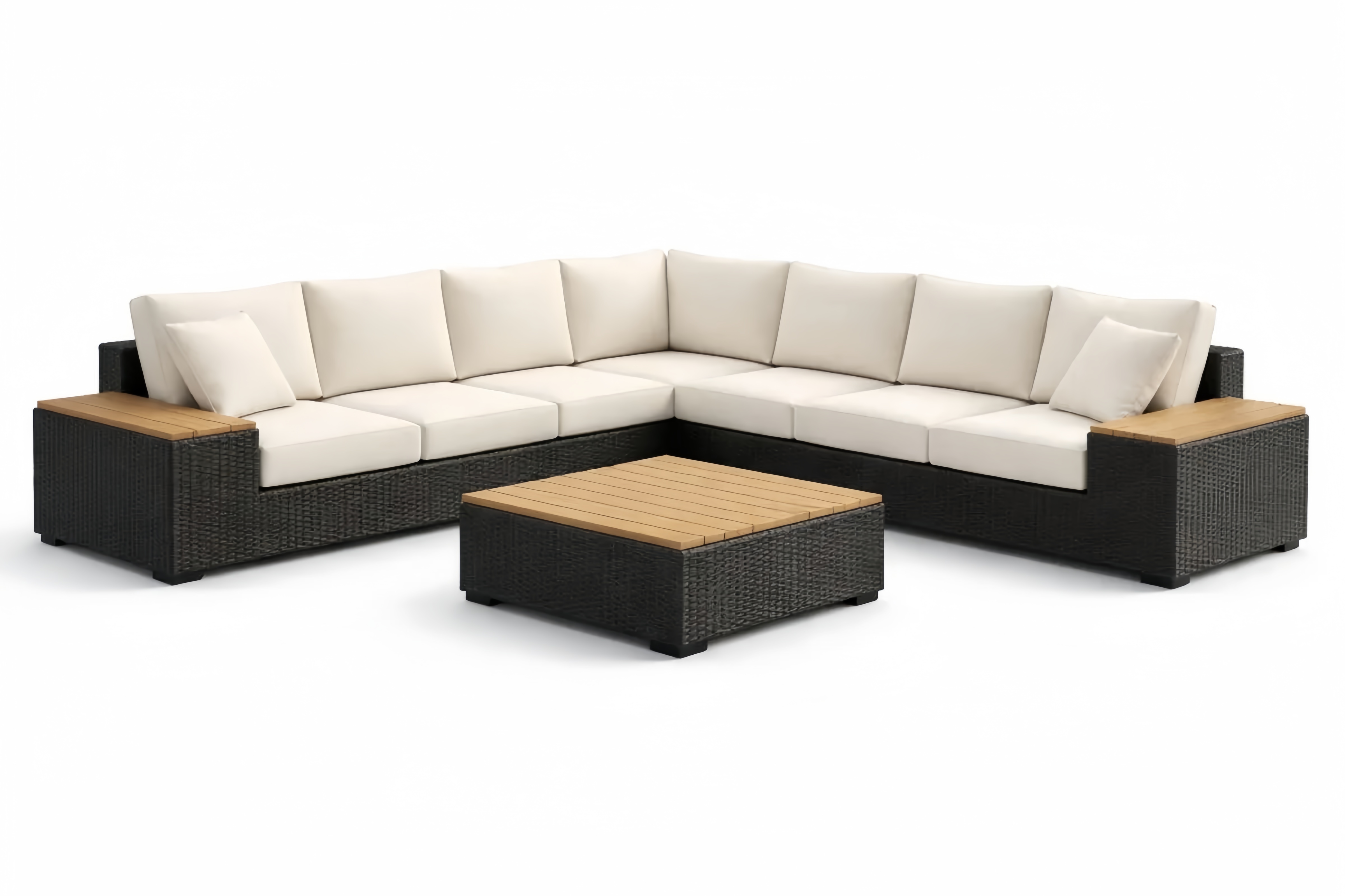 Gartensofa Ecksofa Set Polyrattan Akazienholz Schwarz Beige Kissen