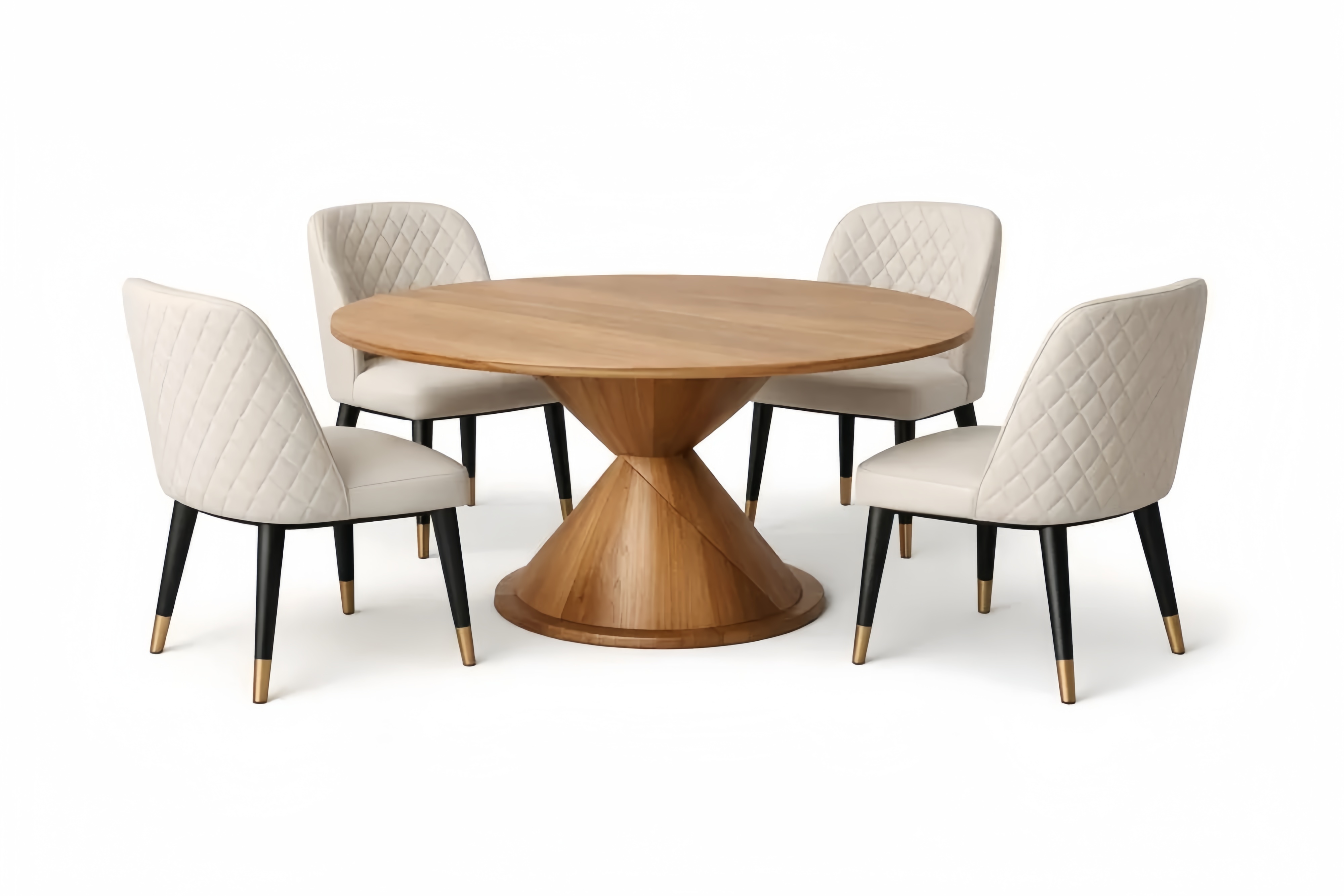 Runder Esstisch Massivholz mit 4 Polsterstühlen Kunstleder Beige