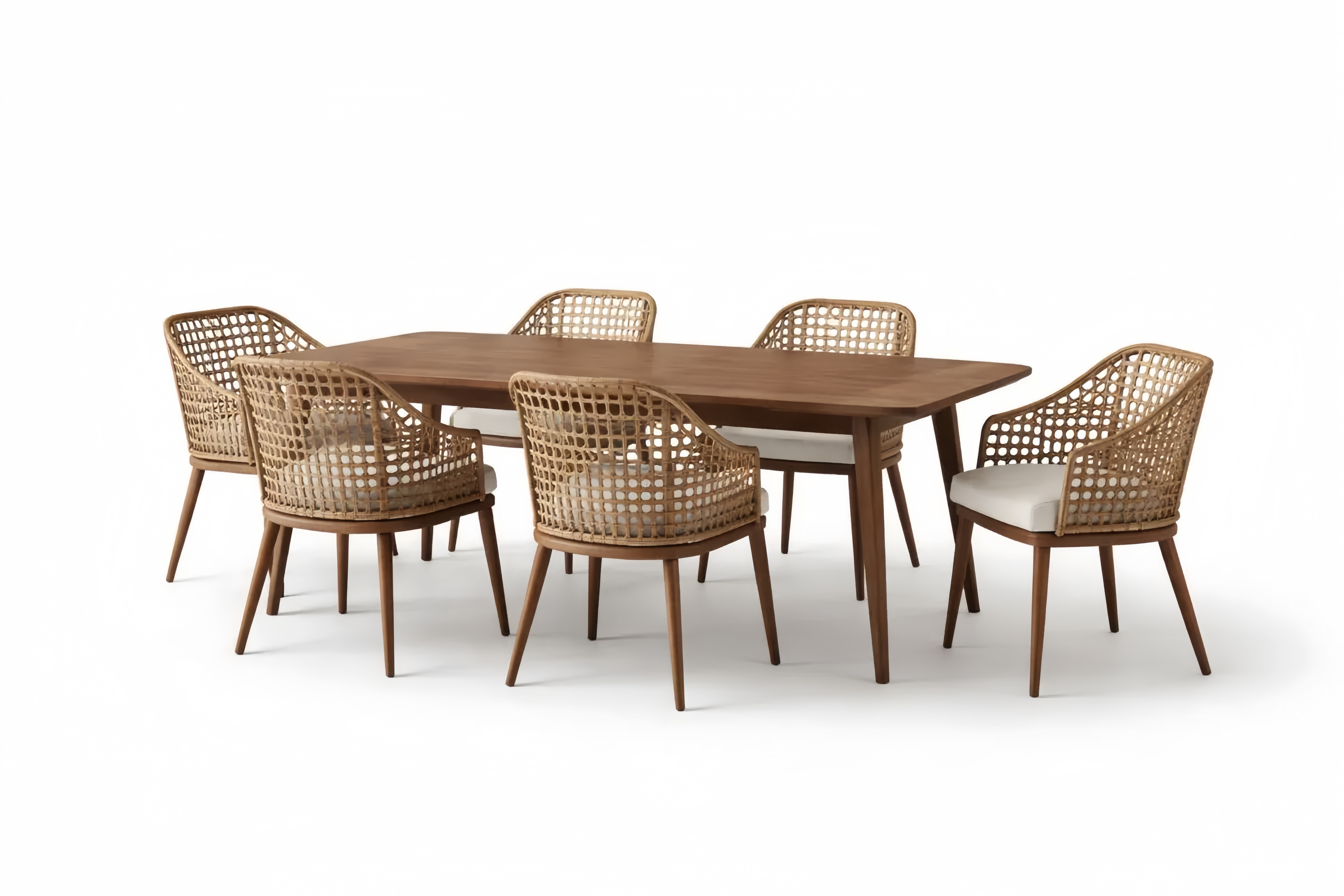 Essgruppe aus Eichenholz und Rattan mit Sitzpolstern 7-teilig