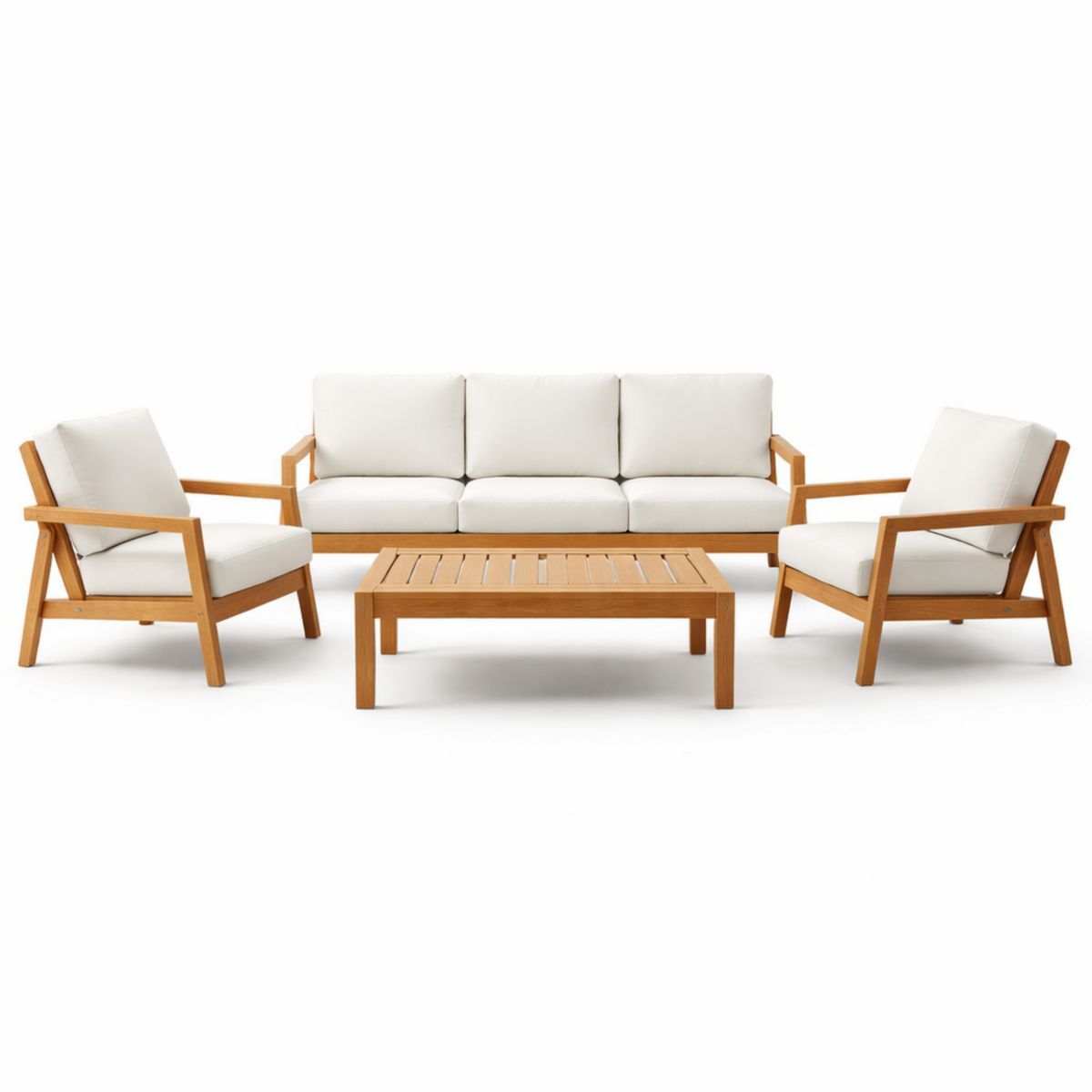 Gartensofa Set Akazienholz Weiß Polsterung 3-Sitzer + 2 Sessel + Tisch