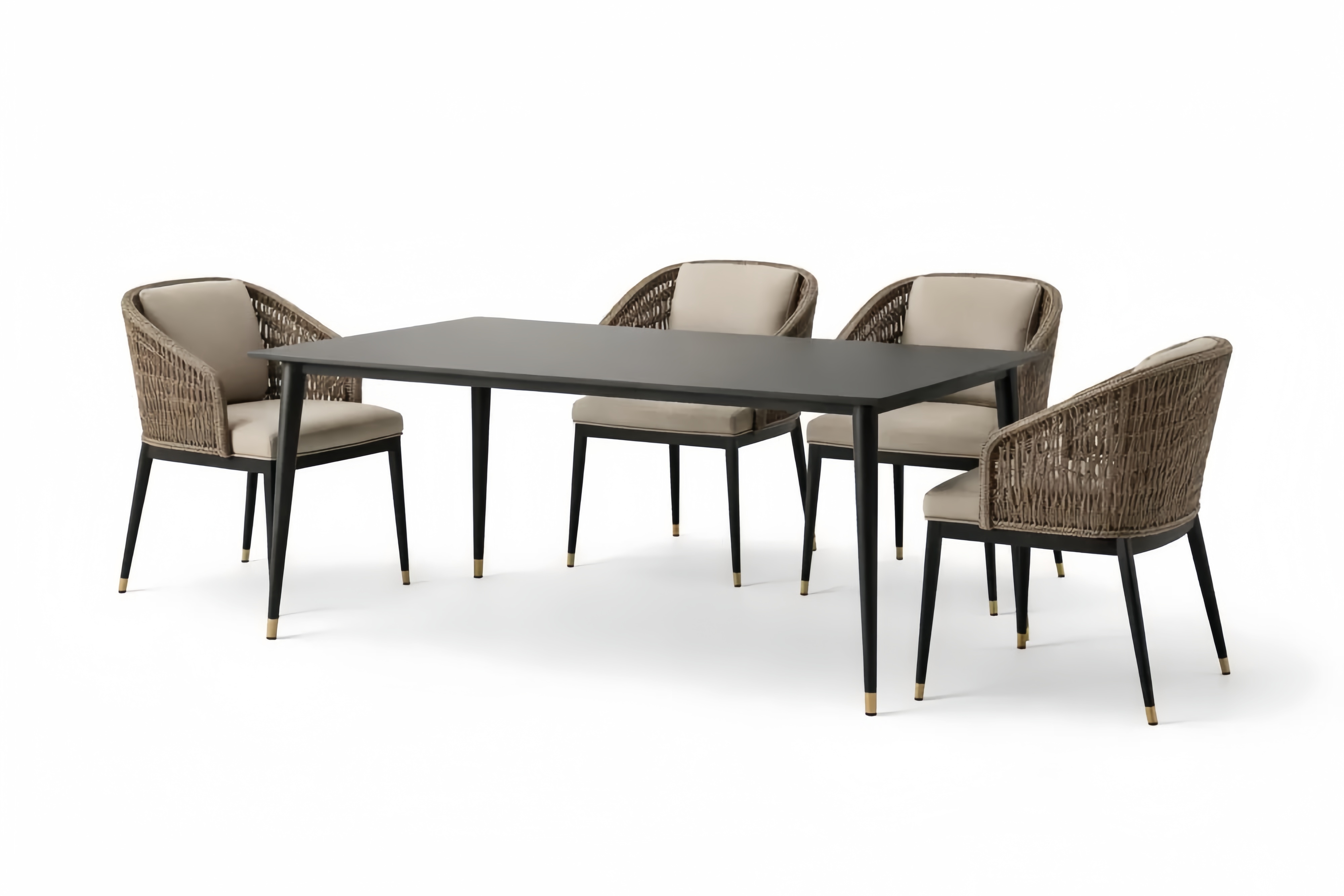 Essgruppe mit rechteckigem Tisch und 4 Stühlen aus Aluminium und Polyrattan Grau/Beige