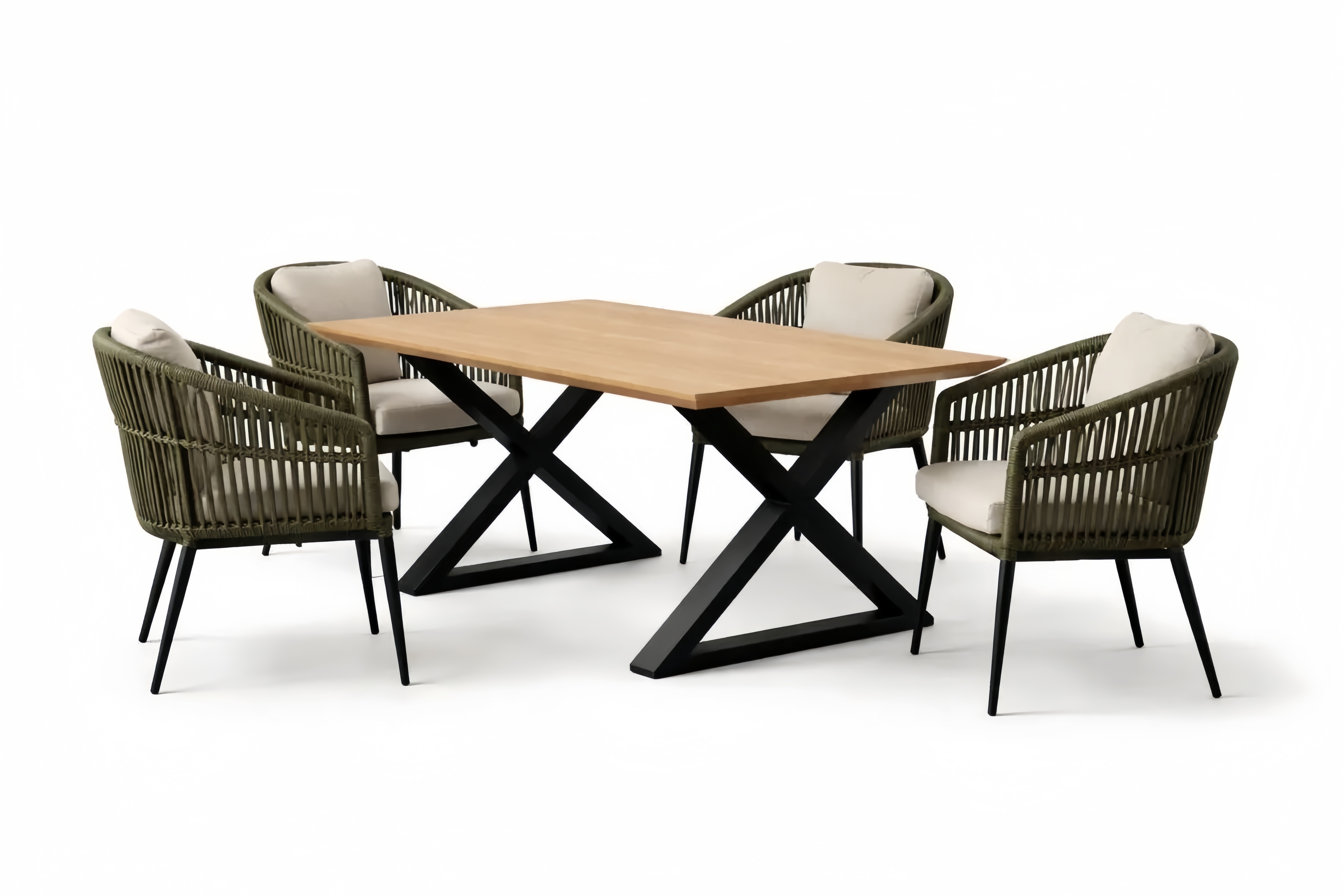 Gartentisch-Set aus Akazienholz und Stahl mit Rattan-Stühlen