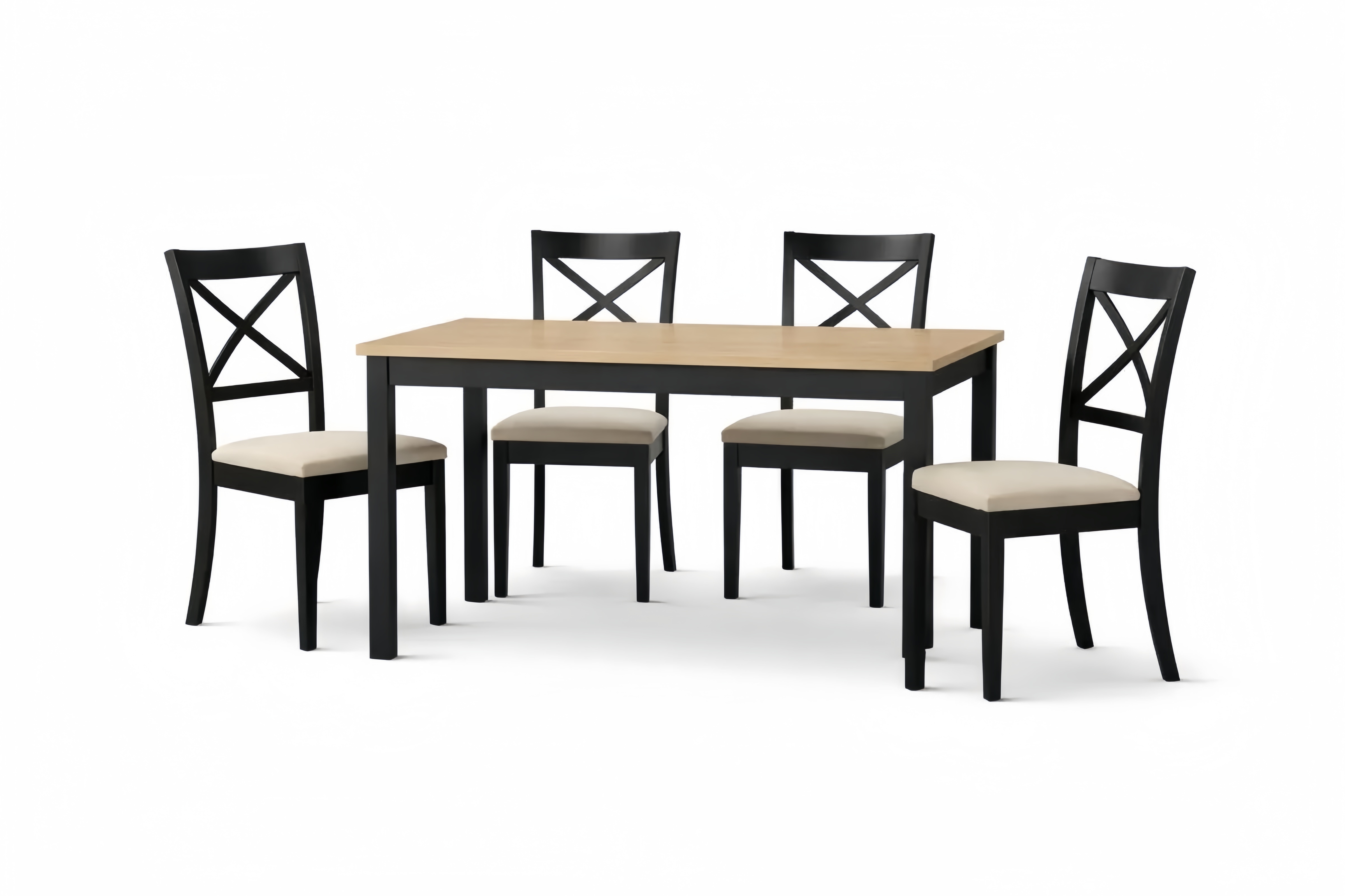 Essgruppe mit Tisch und 4 Stühlen aus Gummibaumholz und Stahl in Schwarz und Beige