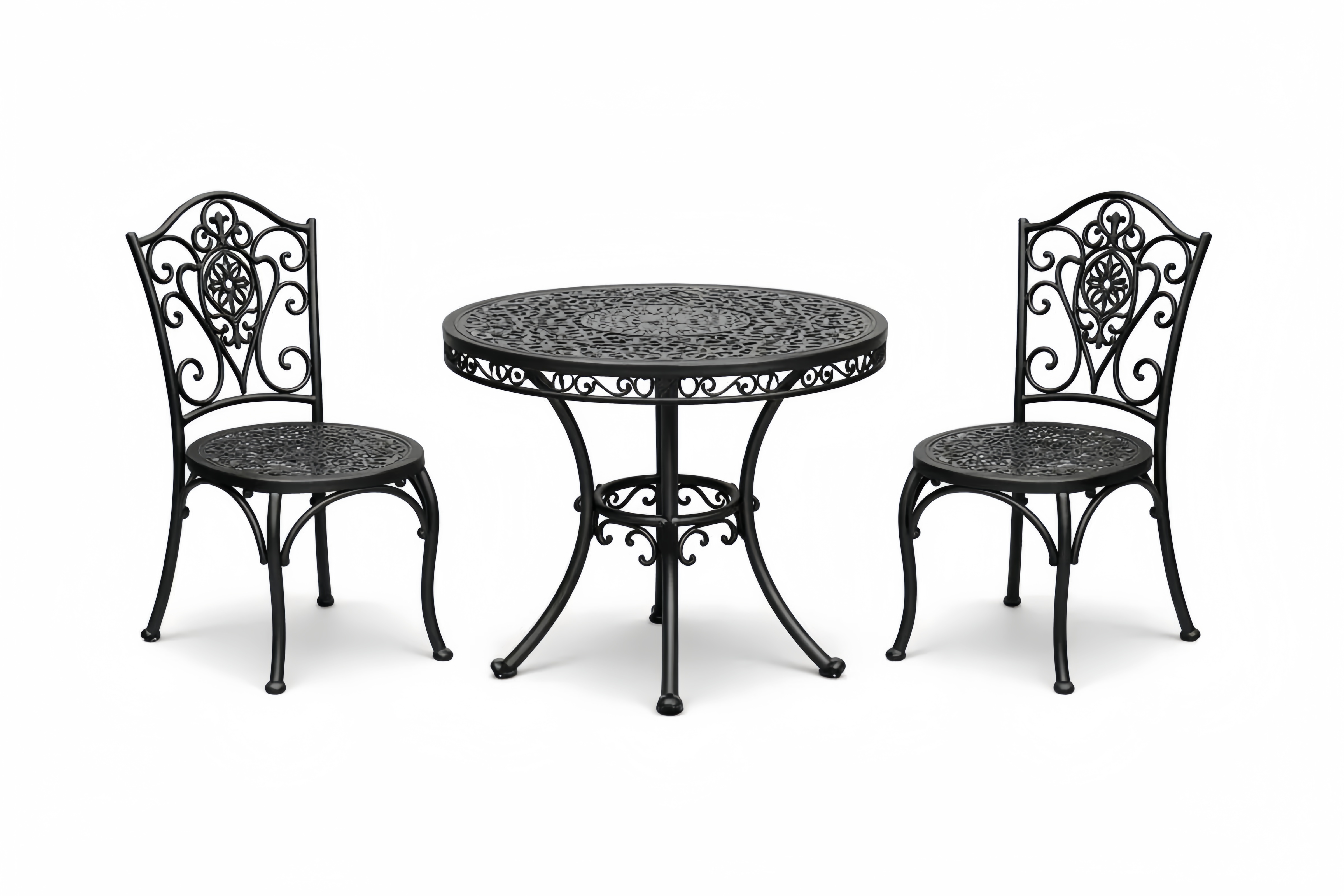 Garten-Esstisch-Set aus Aluminium, Schwarz, mit rundem Tisch und 2 Stühlen