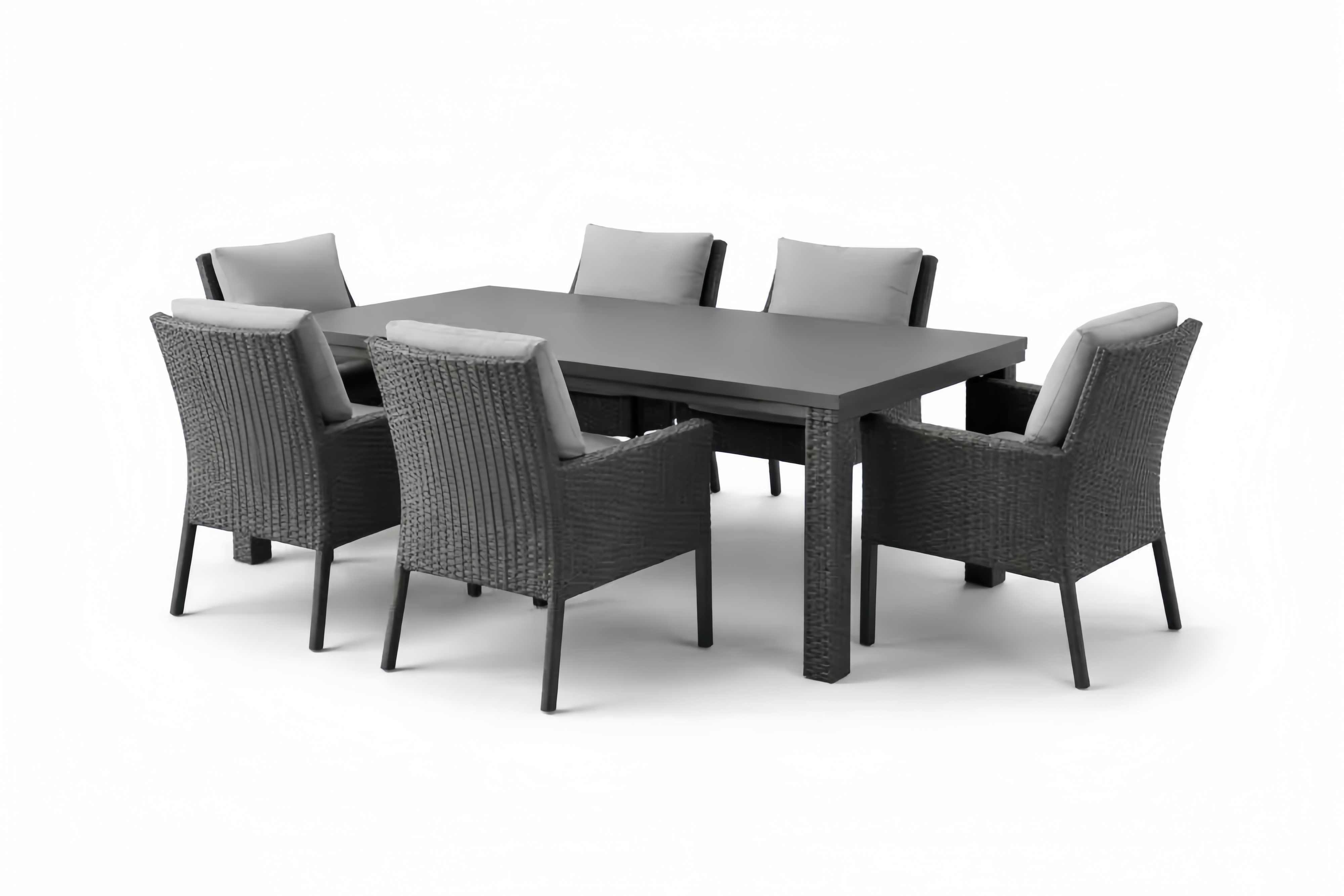 Outdoor-Esstisch-Set aus Polyrattan, rechteckiger Tisch, Grau, mit 6 Sesseln