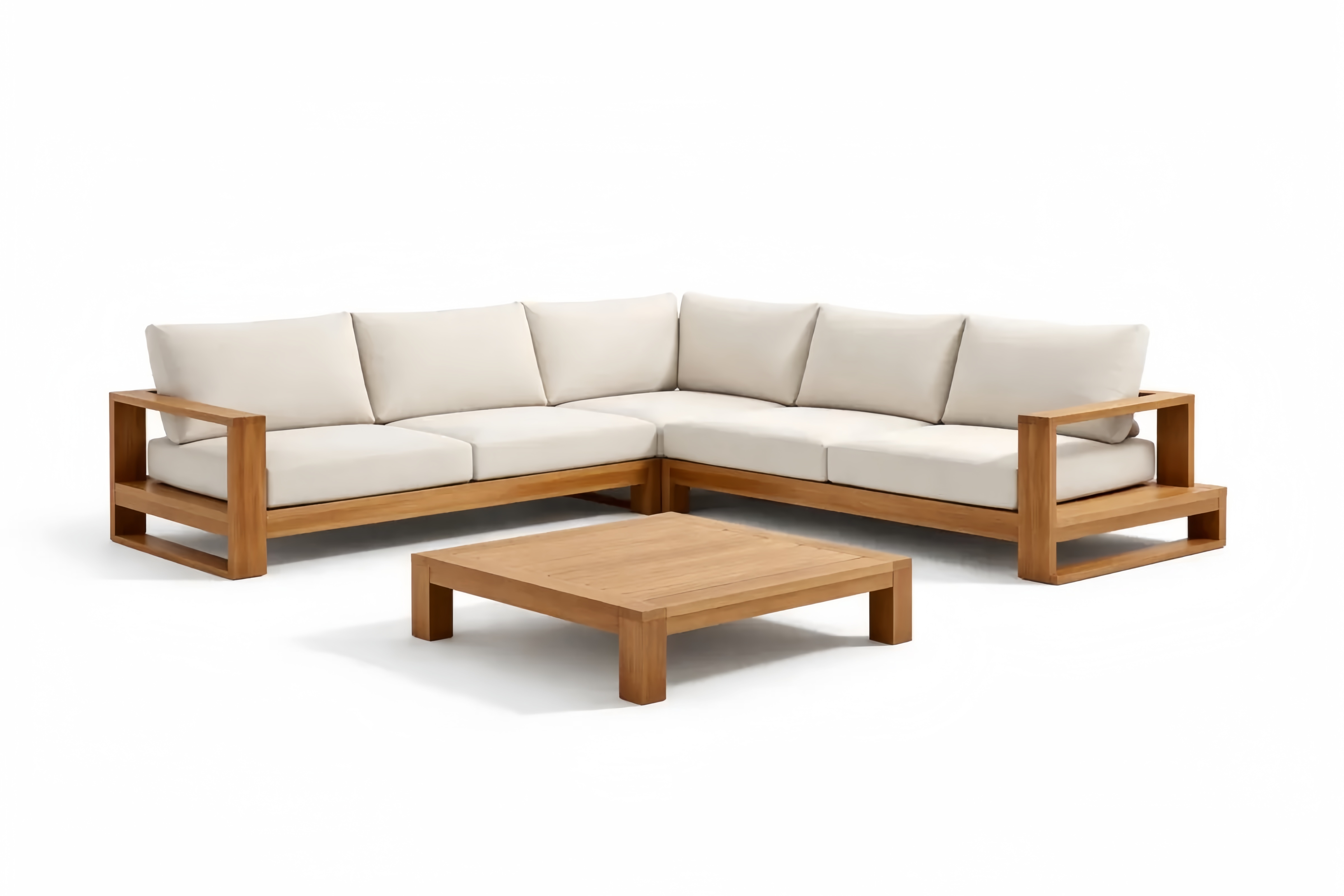 Ecksofa-Set aus Teakholz mit Baumwollbezügen und Couchtisch