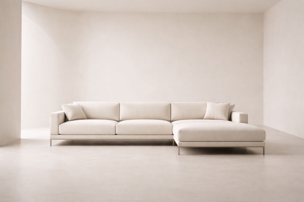 Ecksofa aus Leinenstoff mit Ottomane, Beige, 300x150x85 cm