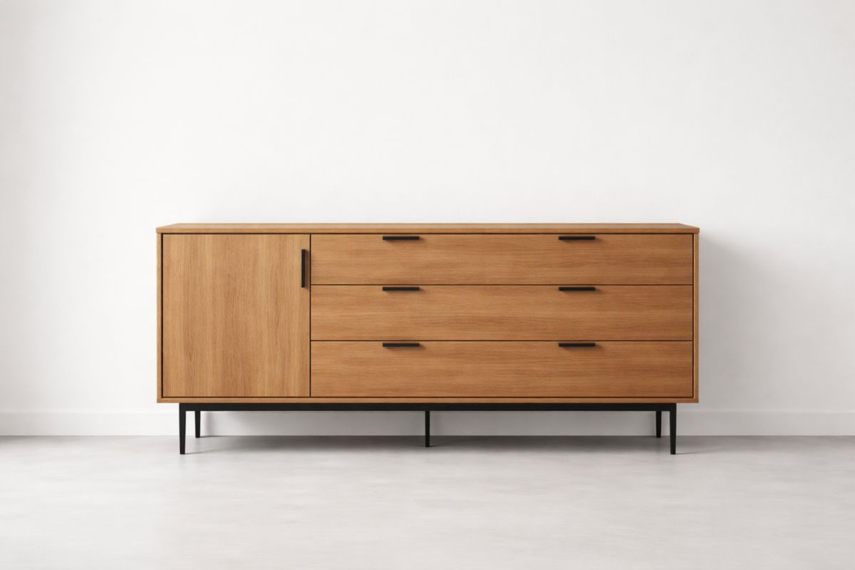 Sideboard mit 3 Schubladen und 1 Tür aus Holz Naturfarben