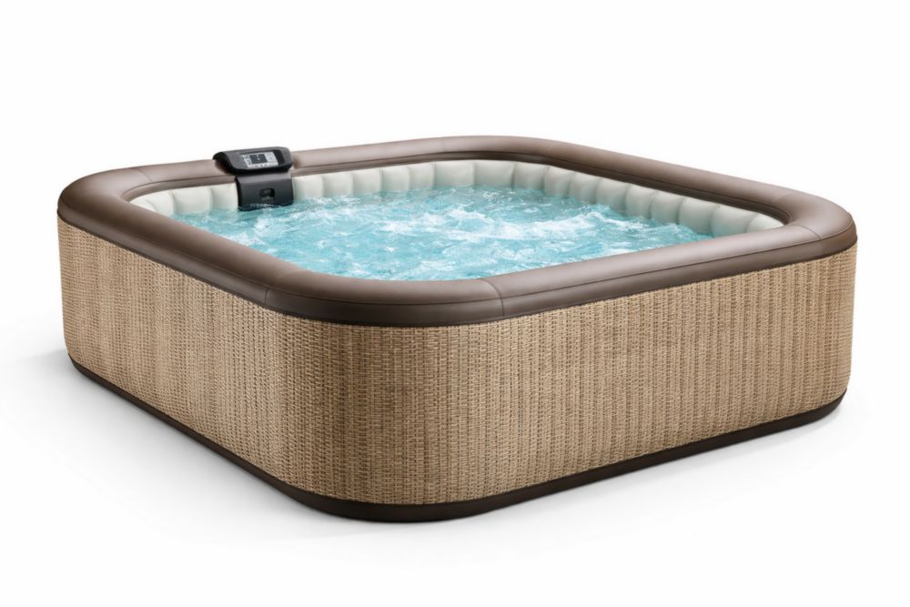 Aufblasbarer quadratischer Whirlpool aus PVC mit geflochtener Außenverkleidung Braun