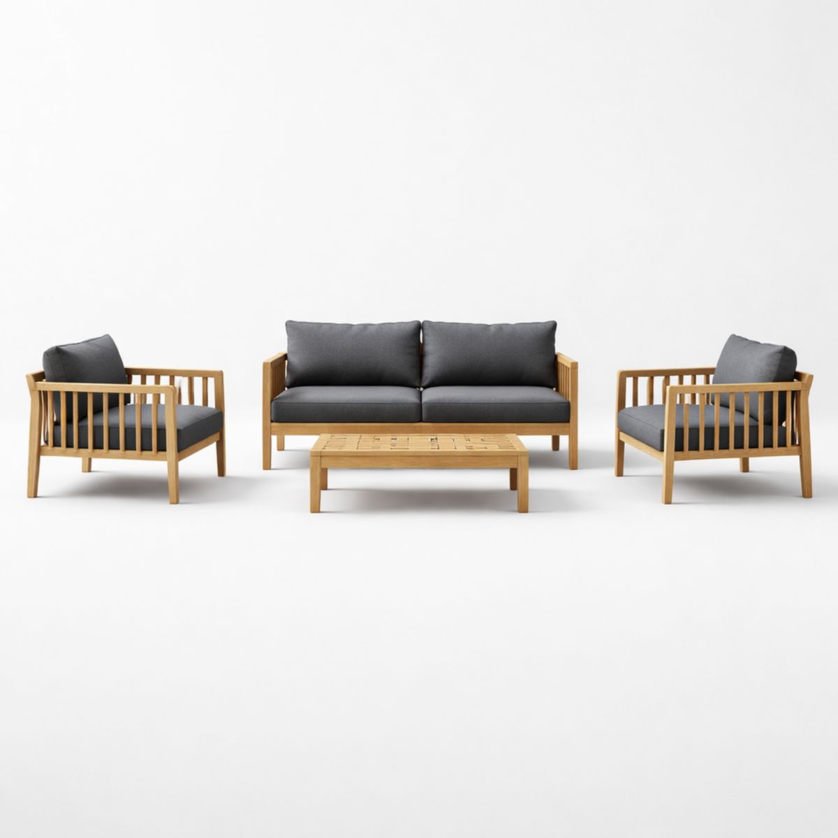 Teakholz Gartenmöbel Set mit grauen Kissen