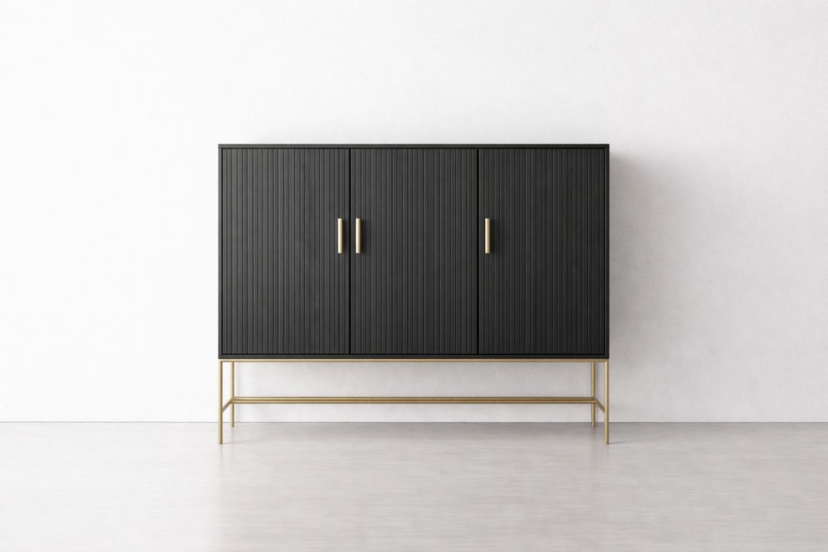 Schwarzes Sideboard aus Eichenholz mit goldfarbenen Stahlbeinen, 3 Türen 120x40x100 cm(L × B × H)