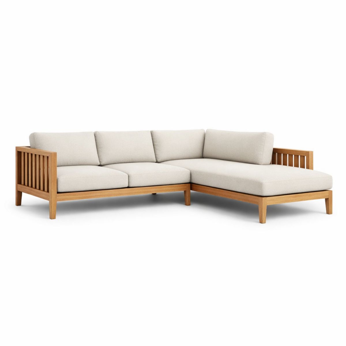 Ecksofa aus beigem Leinen mit Teakholzrahmen