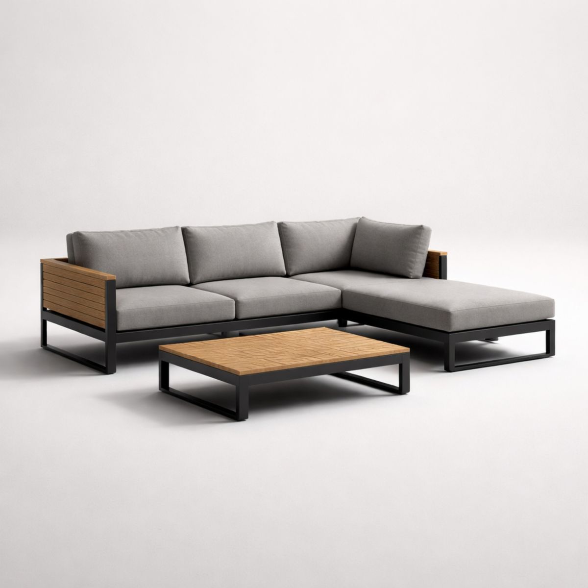 Outdoor-Sofa Set Aluminium Holz Tisch Grau Polster