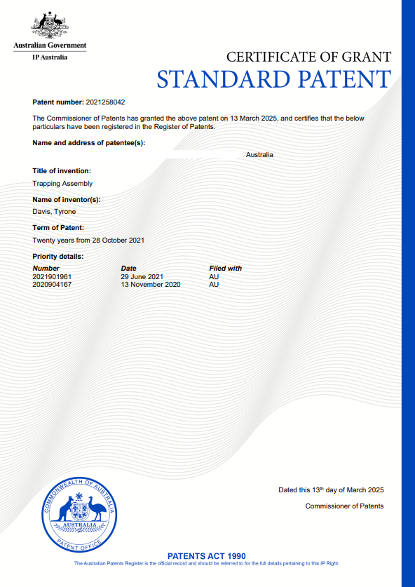 Patent granted certificate