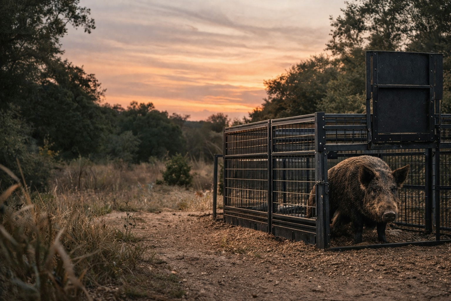 Wild hog trapping equipment at sunset
