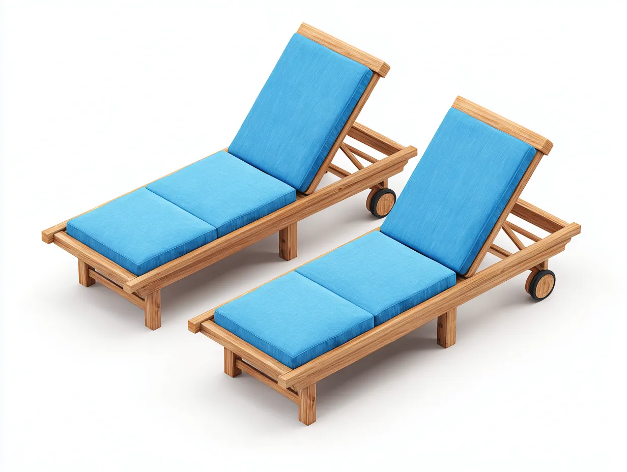 Tumbonas de madera con cojín 195x65x90 cm - marrón-azul - diseño moderno con ruedas-Raraoliving
