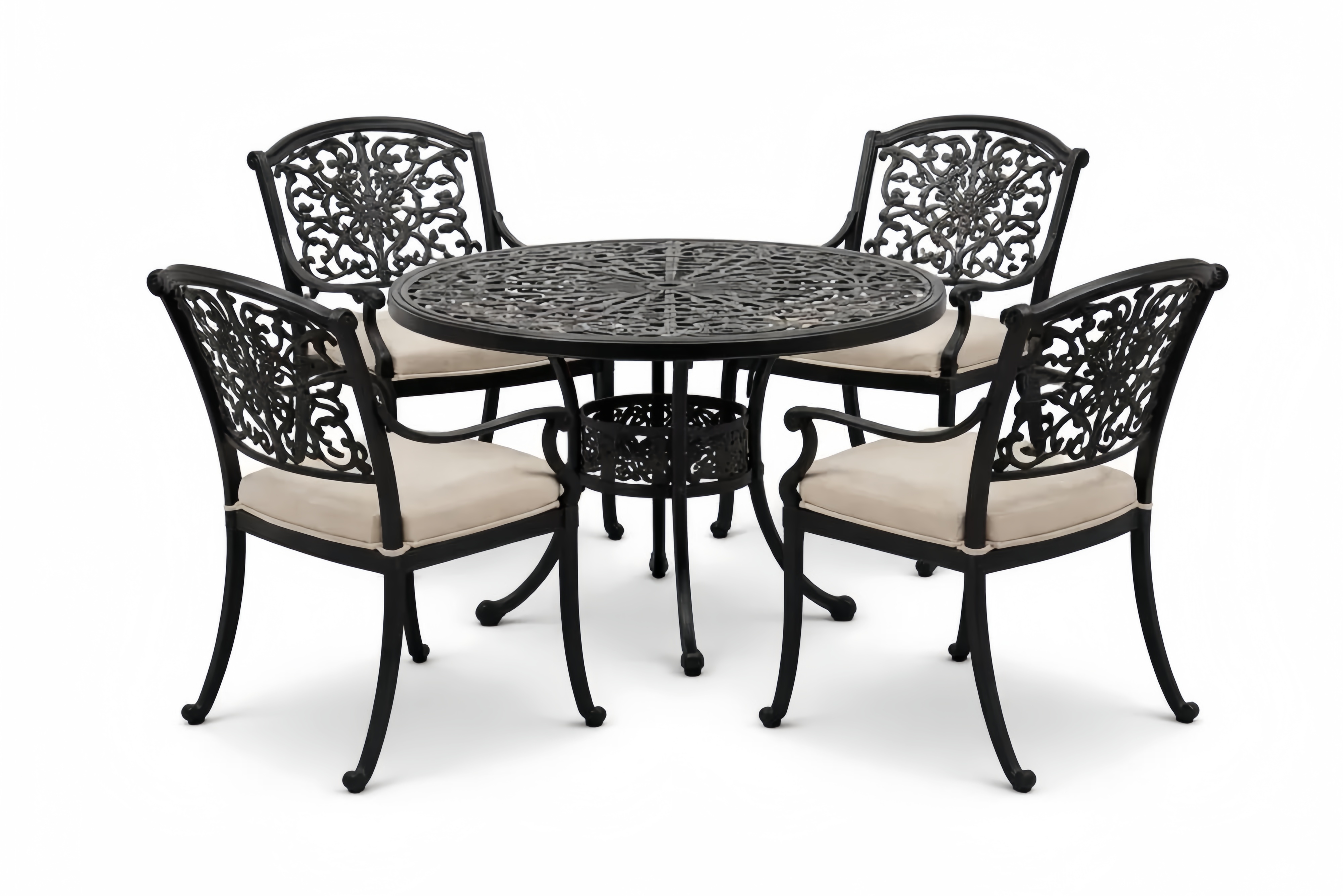 Essgarnitur aus Aluminium mit Rundtisch und 4 Stühlen, Schwarz/Beige