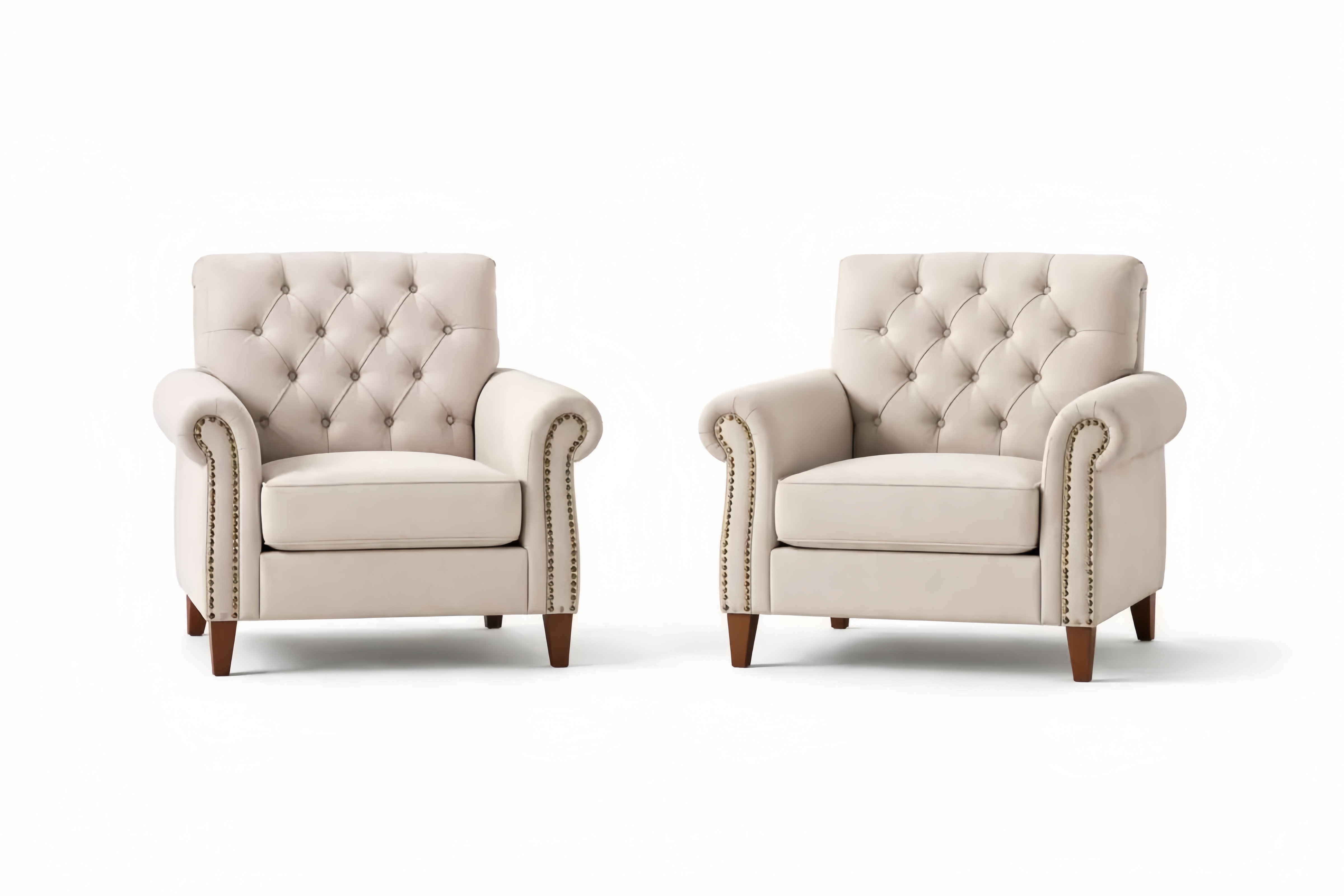 Set aus zwei Sesseln mit Knopfheftung in Leinenoptik Beige Holzbeine