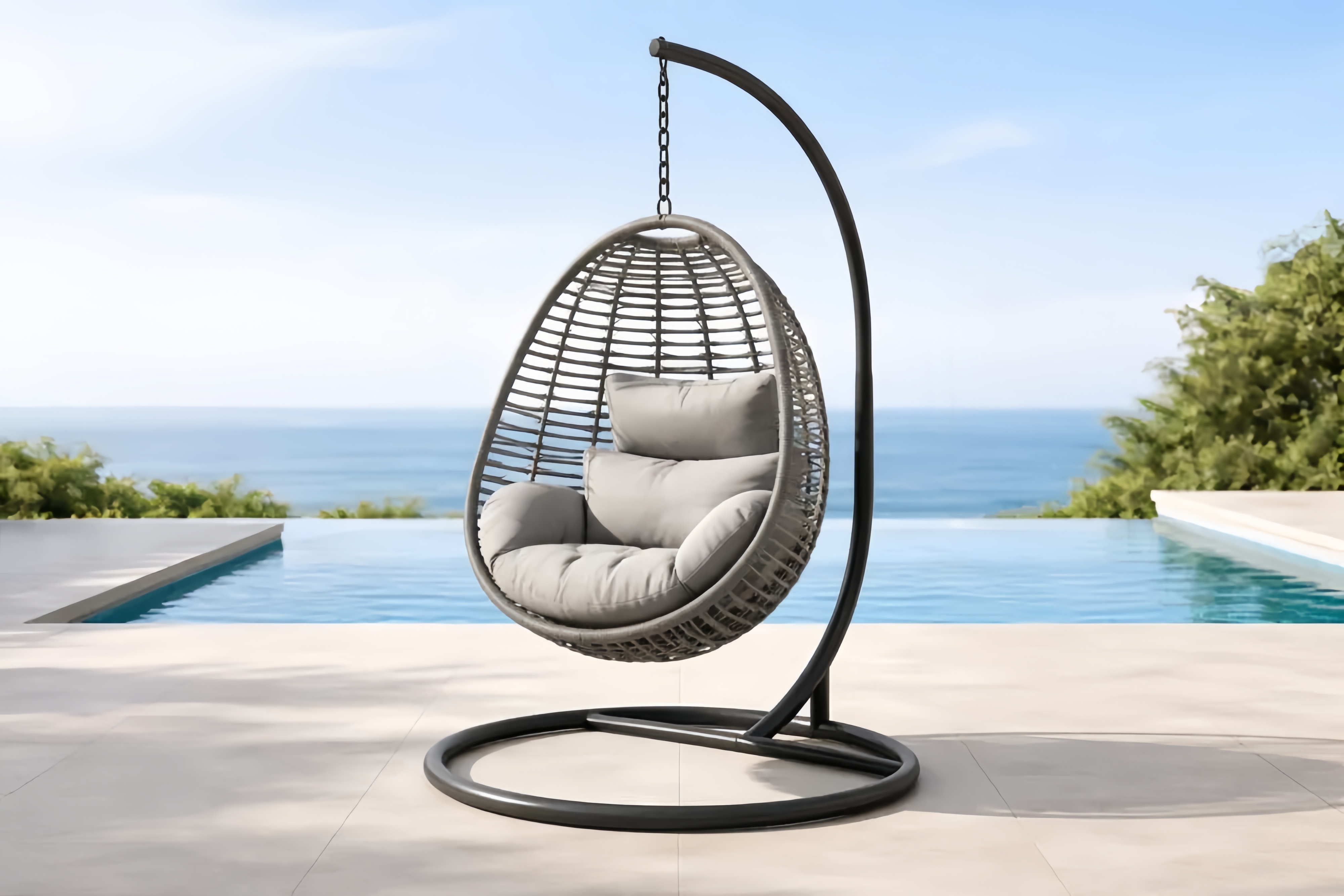 Hängesessel Rattan Stahl Grau mit Polster