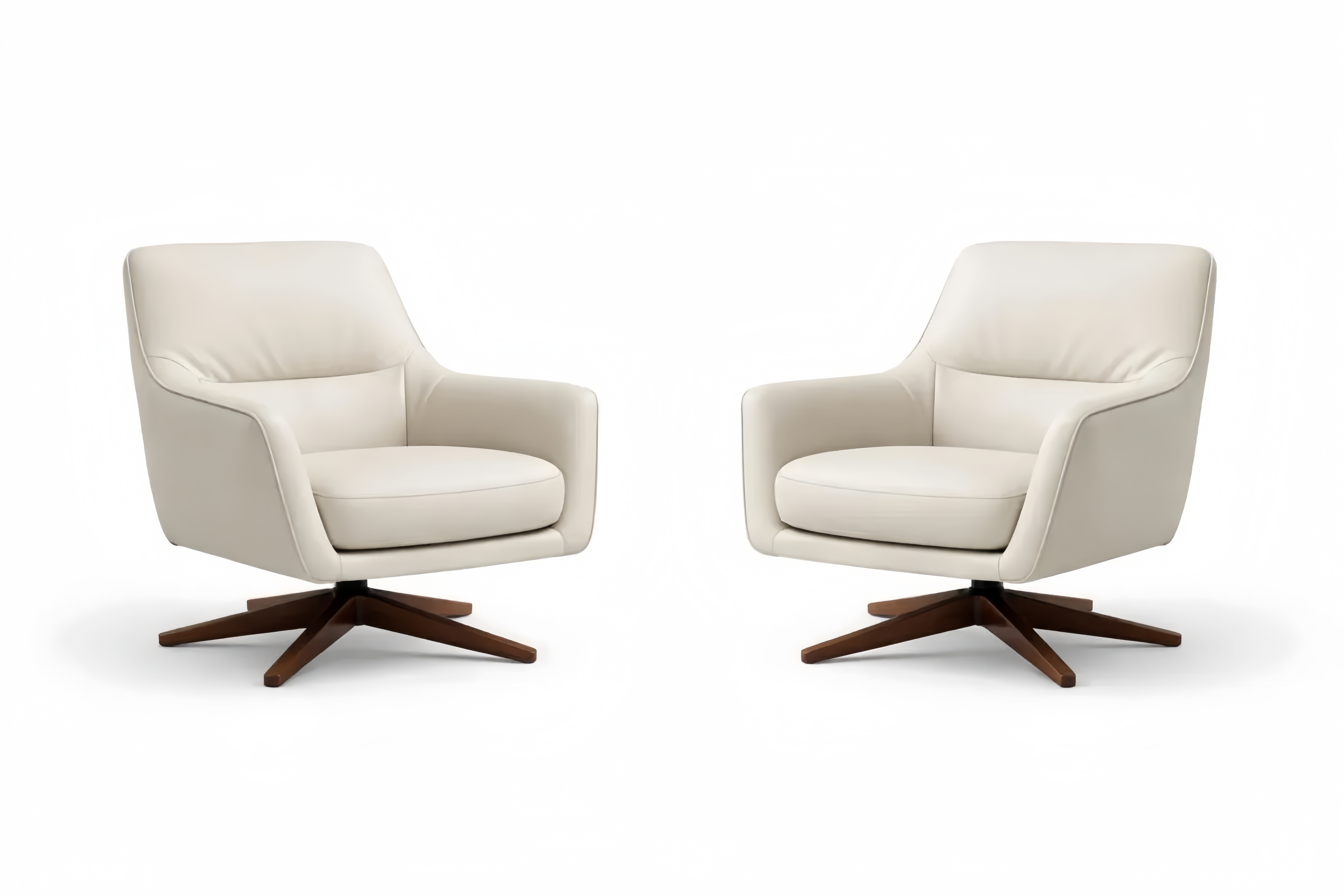 2-teiliges Set Drehsessel aus Leder in Creme mit Holzfuß