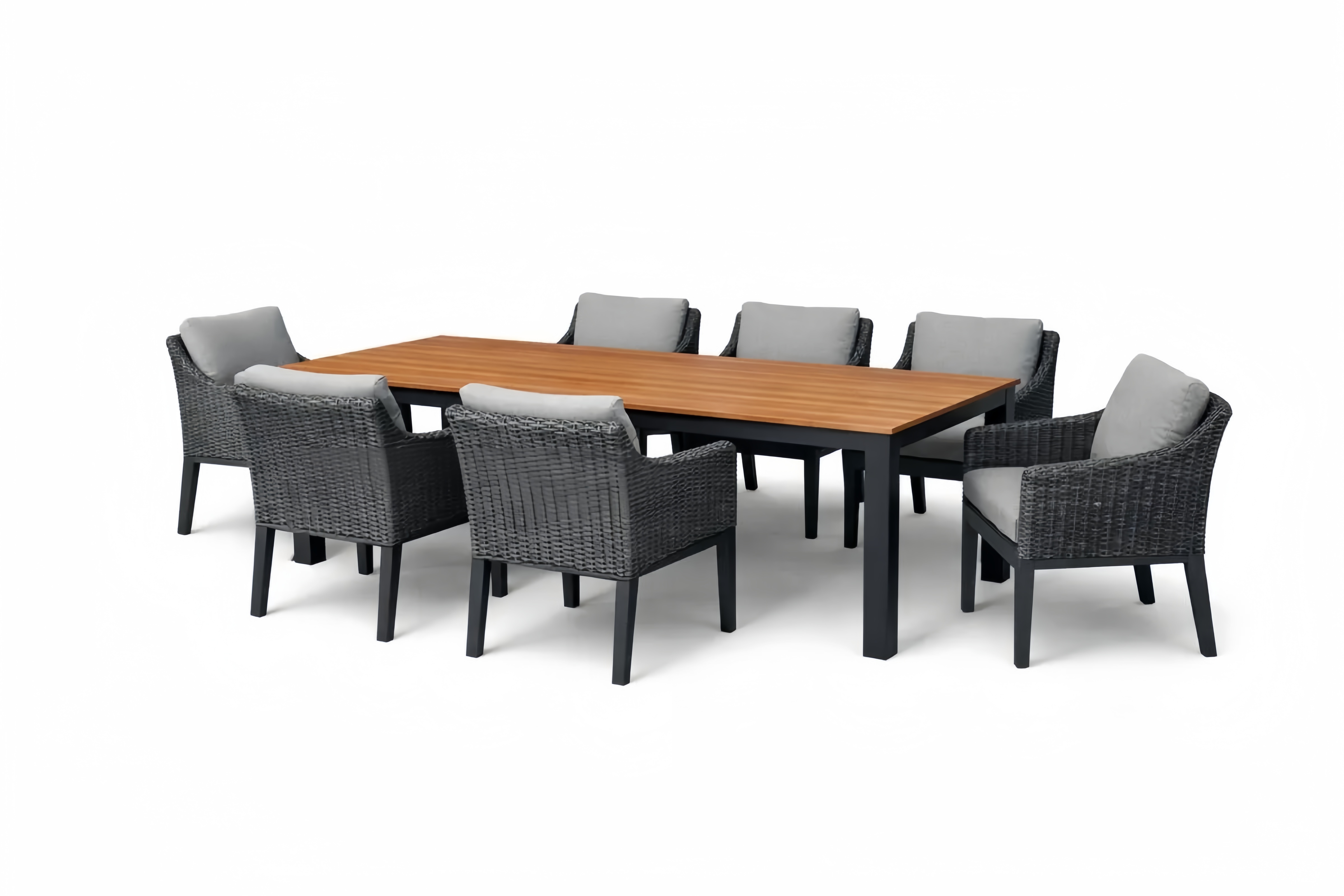 Outdoor Esstisch und Stuhl Set aus Aluminium mit Polyethylen und Holzoptik, Grau