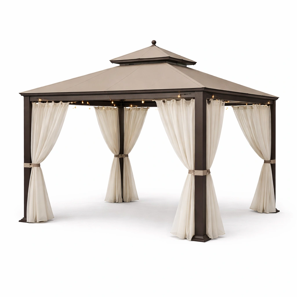 Pavillon extrieur aluminium brun avec rideaux-cozunoa